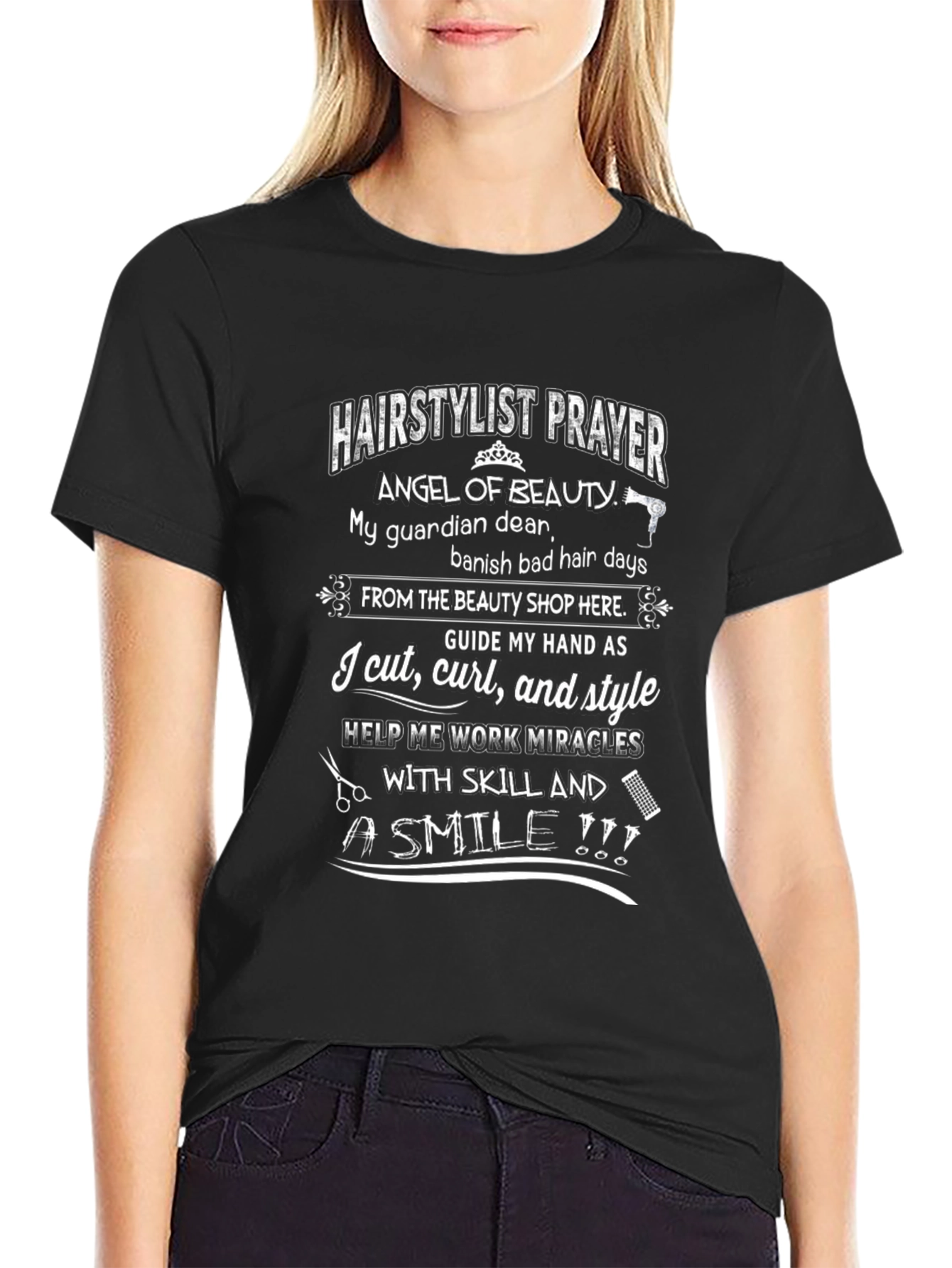 Black Hair Stylist Prayer Graphic T-Shirt - Angel of Beauty Tee view 2