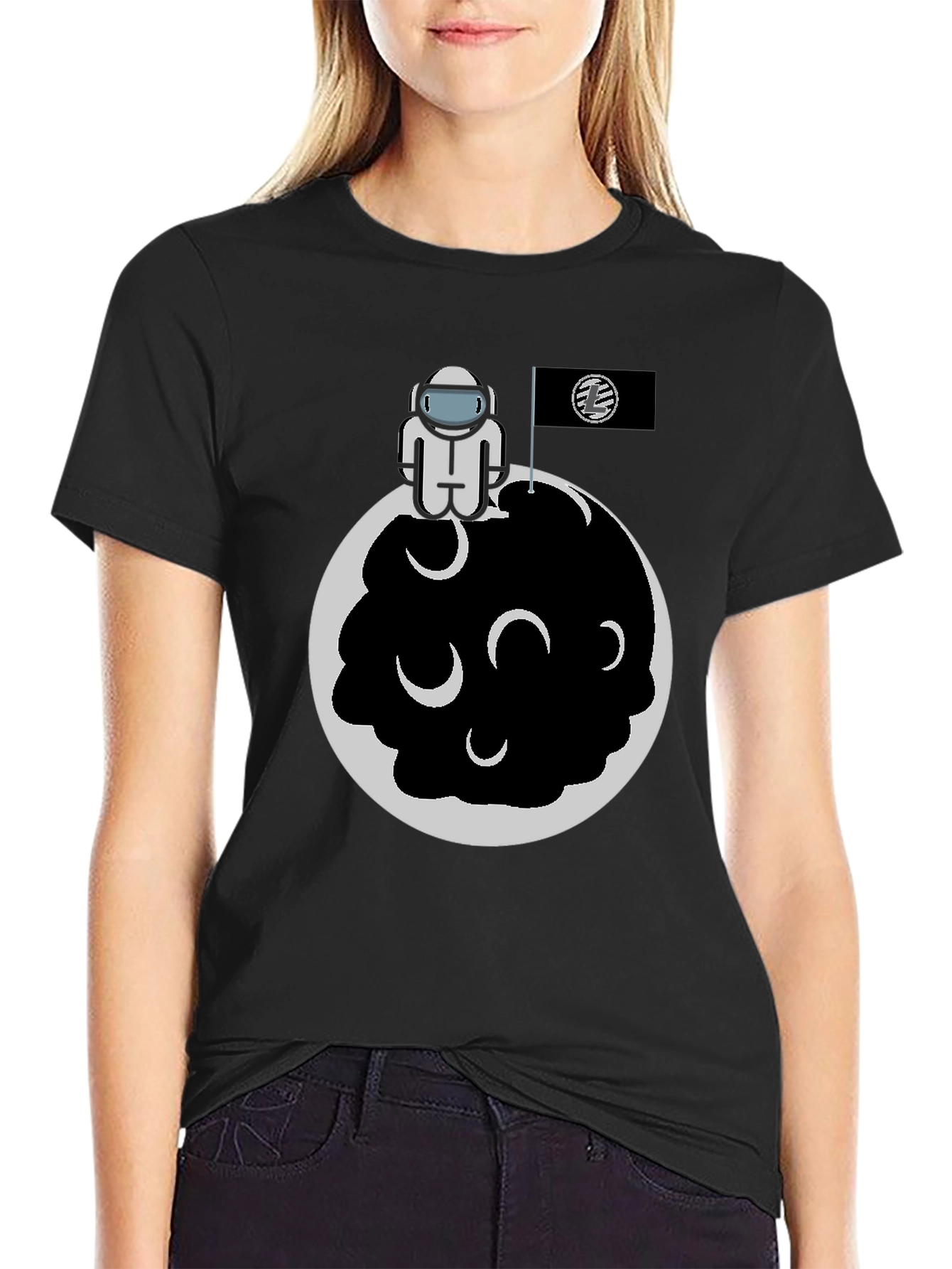 Black Astronaut on Moon Graphic Tee - Black Cotton Blend view 2