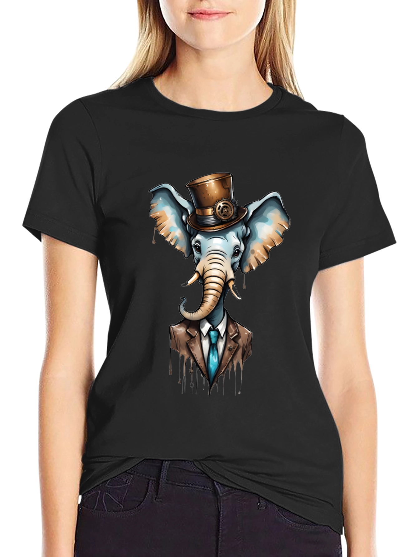 Black Steampunk Elephant T-Shirt - Classy Animal Tee view 2