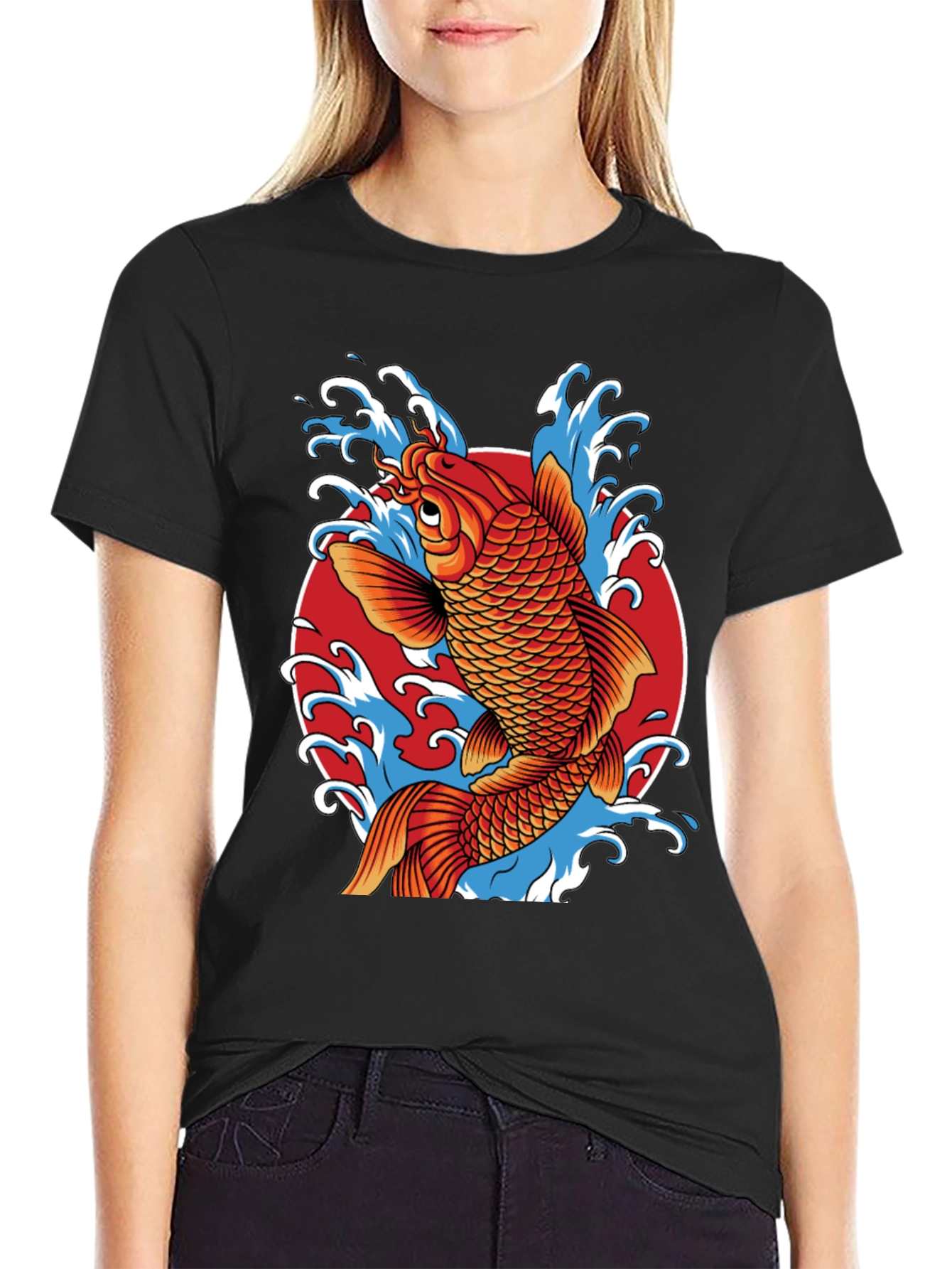 Black Koi Fish Graphic Print T-Shirt view 2