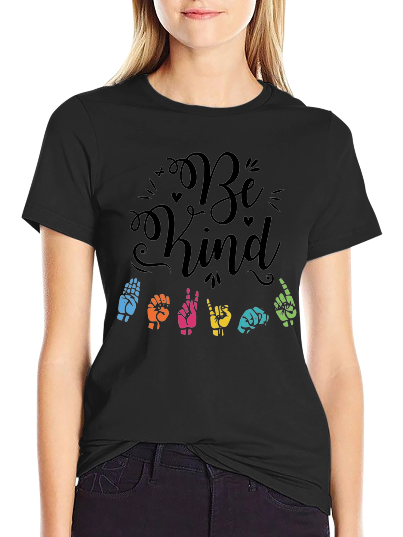 Black Be Kind Sign Language Graphic T-Shirt view 2