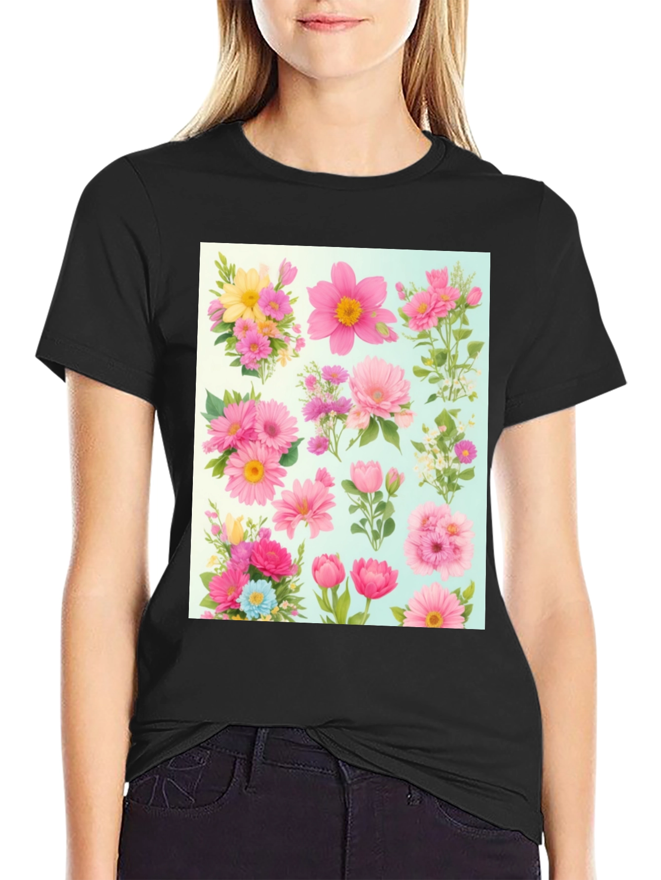 Black Floral Print Crew Neck T-Shirt view 2