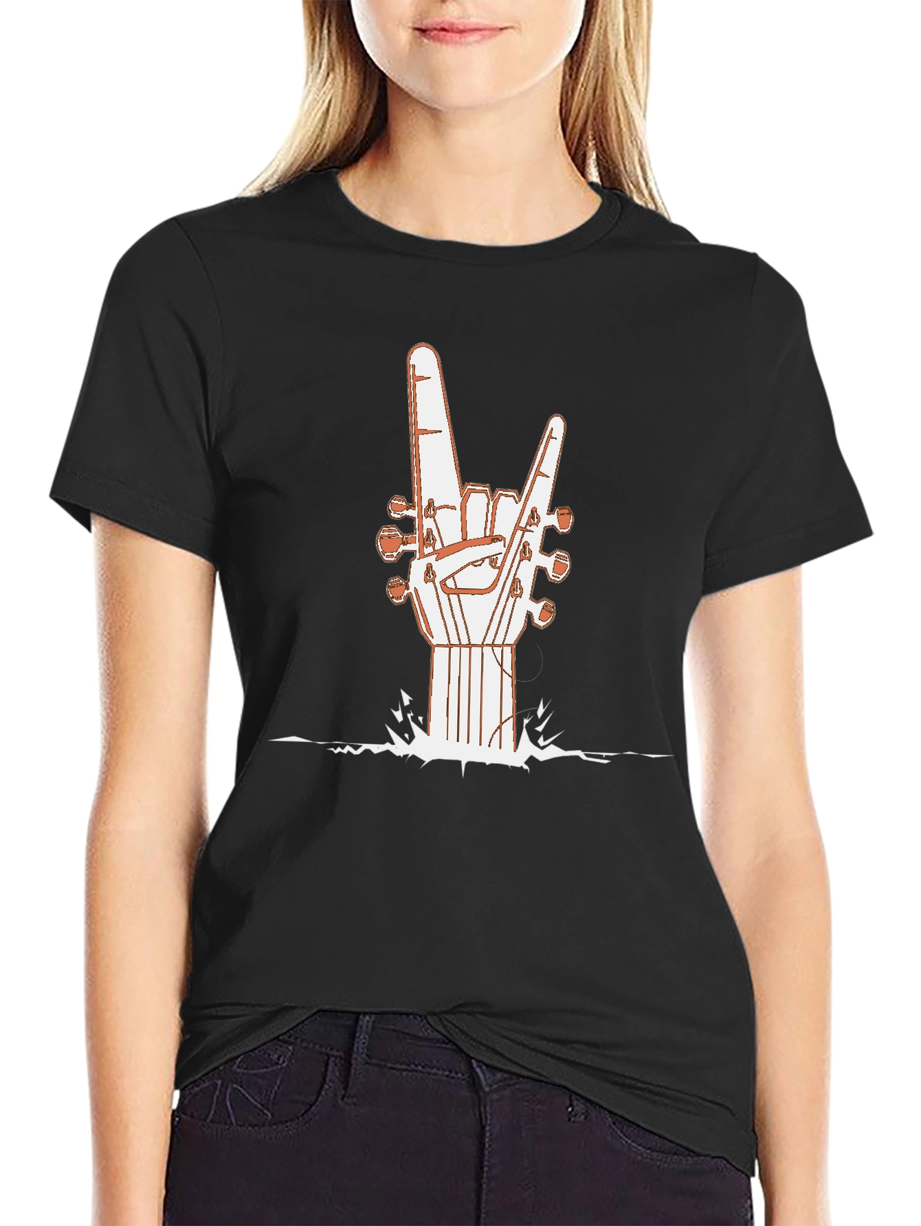 Black Rock On Guitar Hand T-Shirt - Music Lover Tee view 2