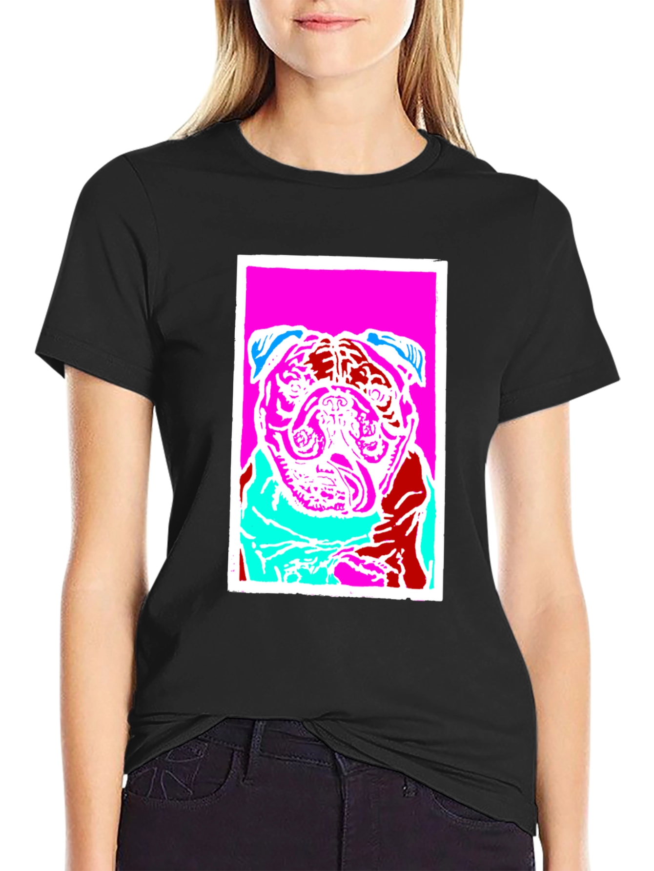 Black Pop Art Pug Graphic Tee - Black Cotton T-Shirt view 2