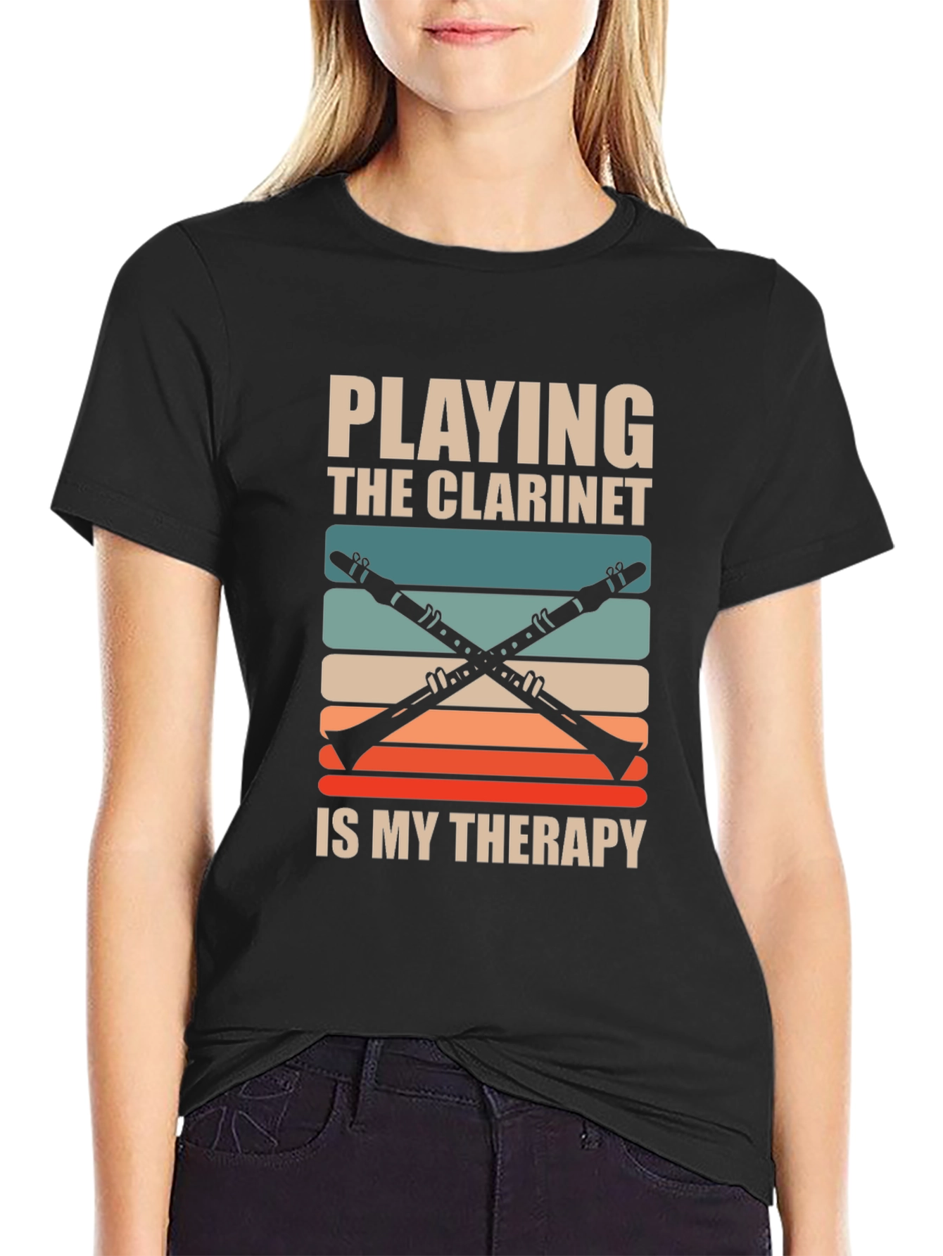 Black Clarinet Therapy T-Shirt - Musician Gift view 2