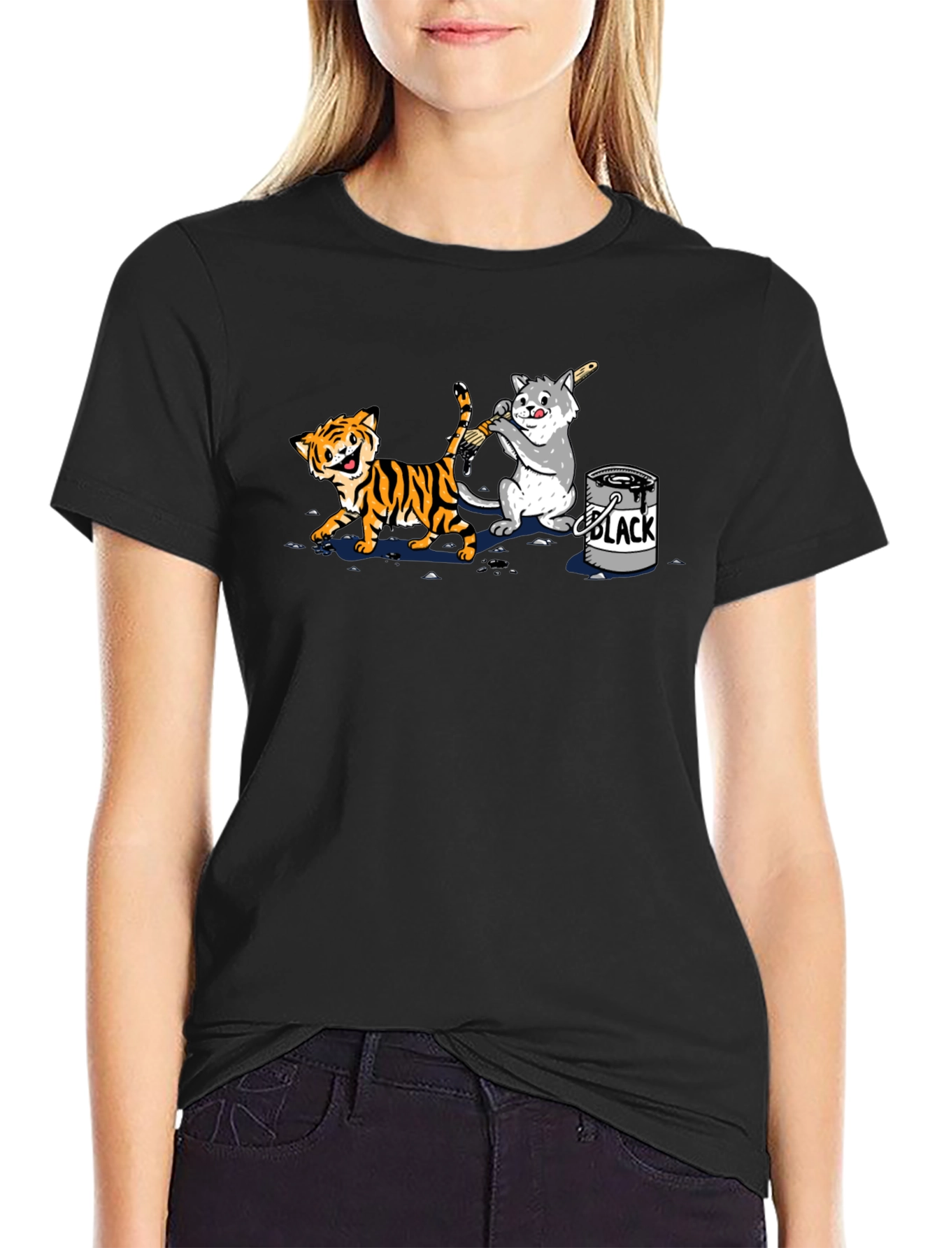 Black Funny Cartoon Cat and Tiger Black T-Shirt view 2