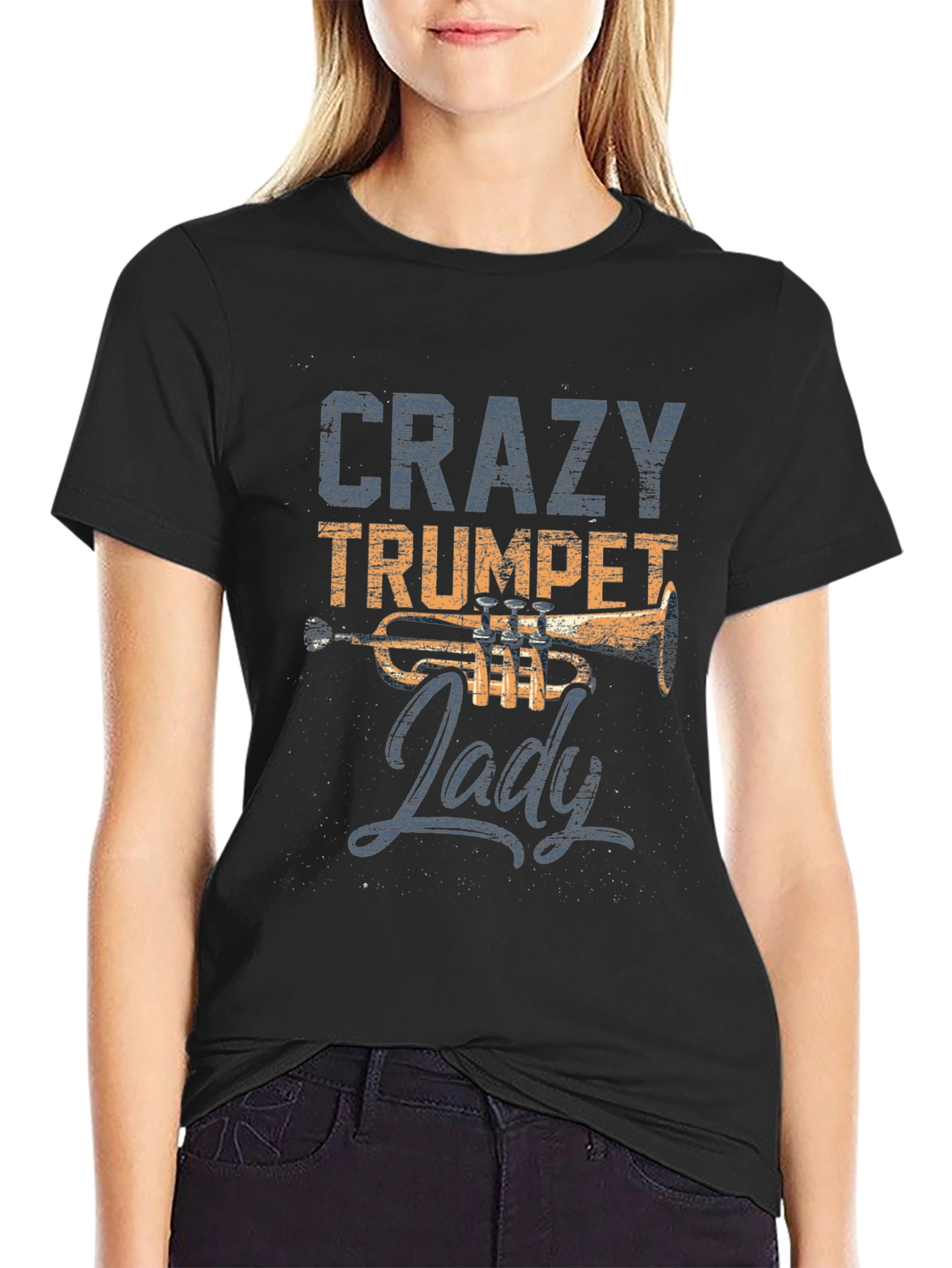 Black Crazy Trumpet Lady T-Shirt view 2