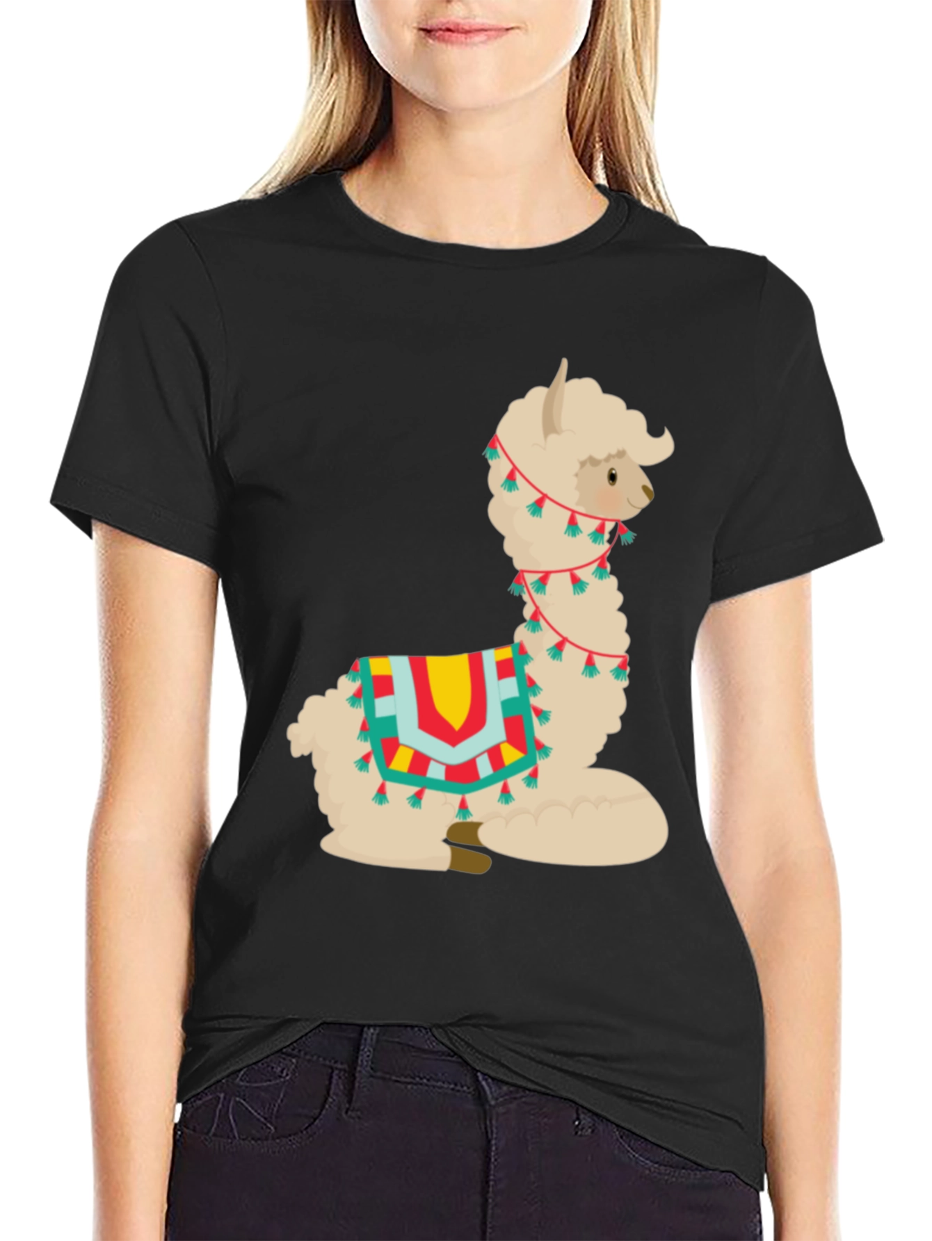 Black Alpaca T-Shirt - Cute Cartoon Llama Graphic Tee view 2