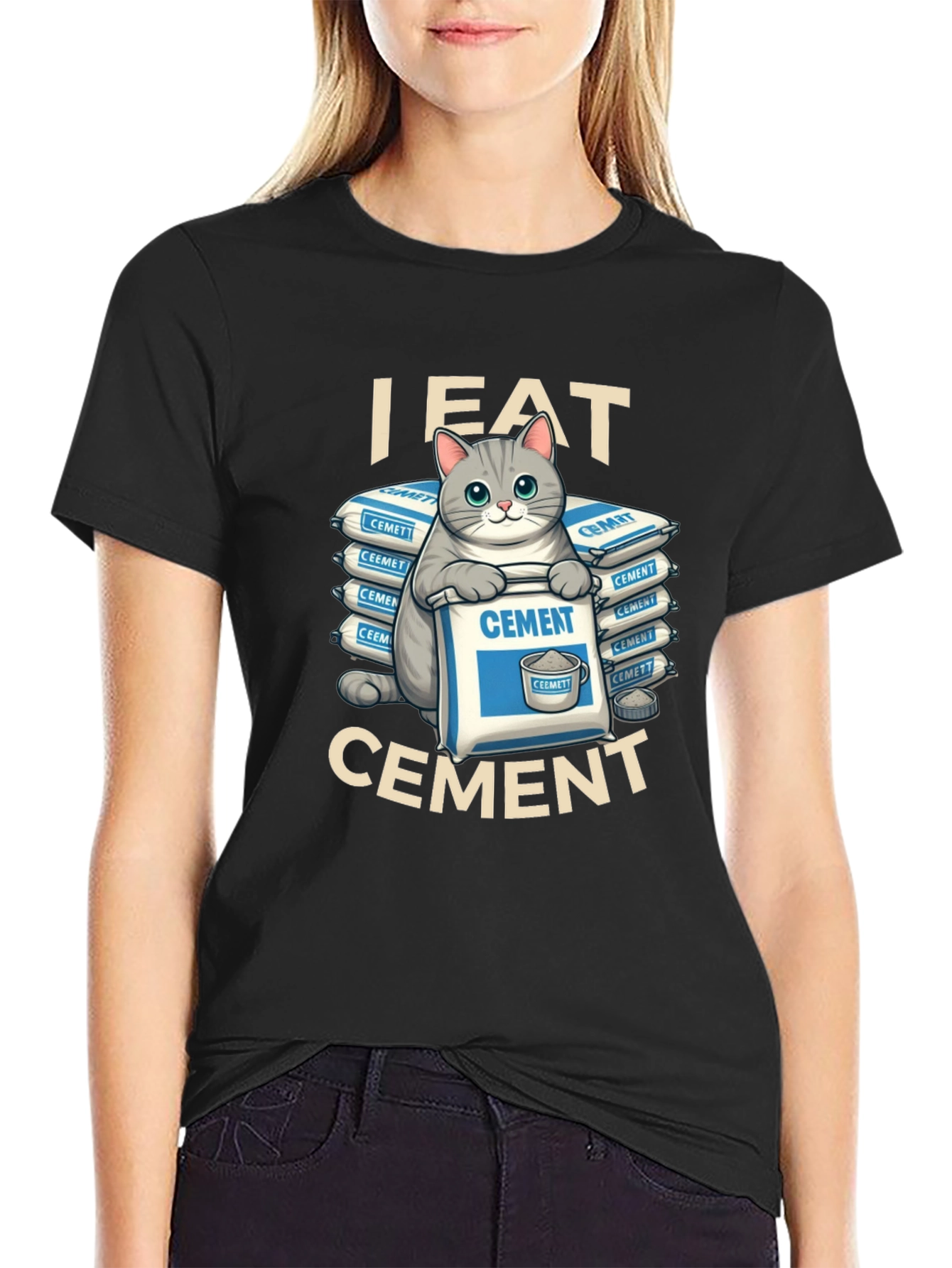 Black I Eat Cement Funny Cat T-Shirt view 2