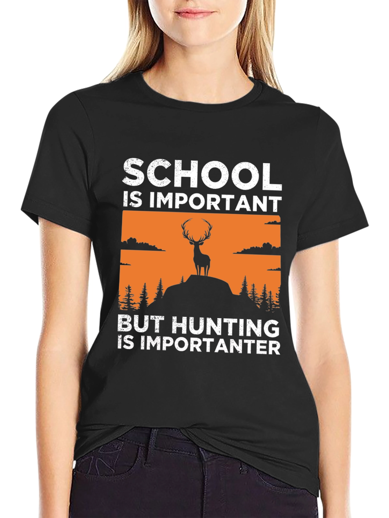 Black School Important Hunting More Importanter T-Shirt view 2