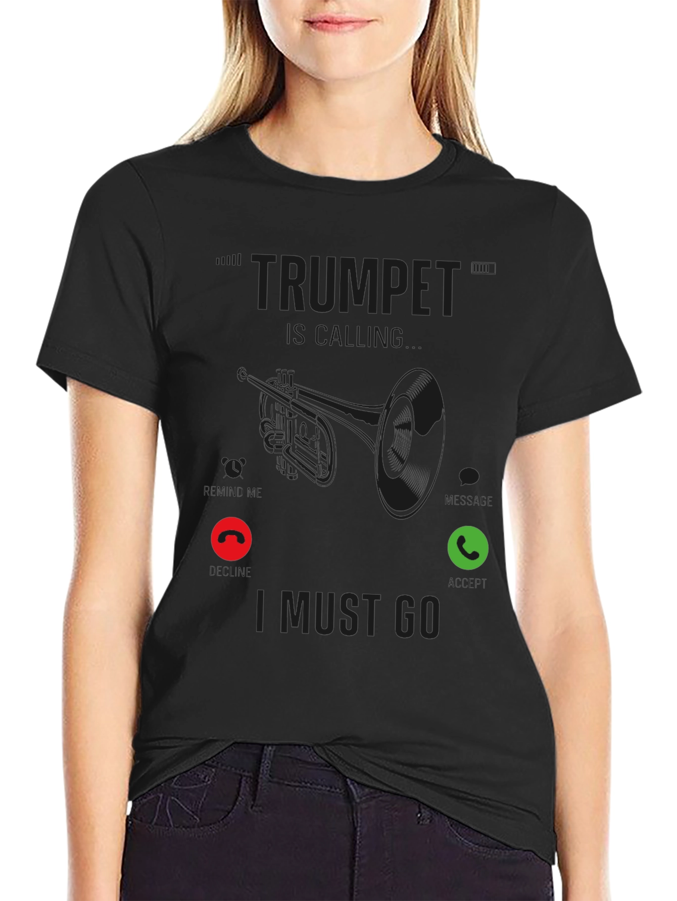 Black Trumpet Calling Black T-Shirt - Musician Humor Tee view 2