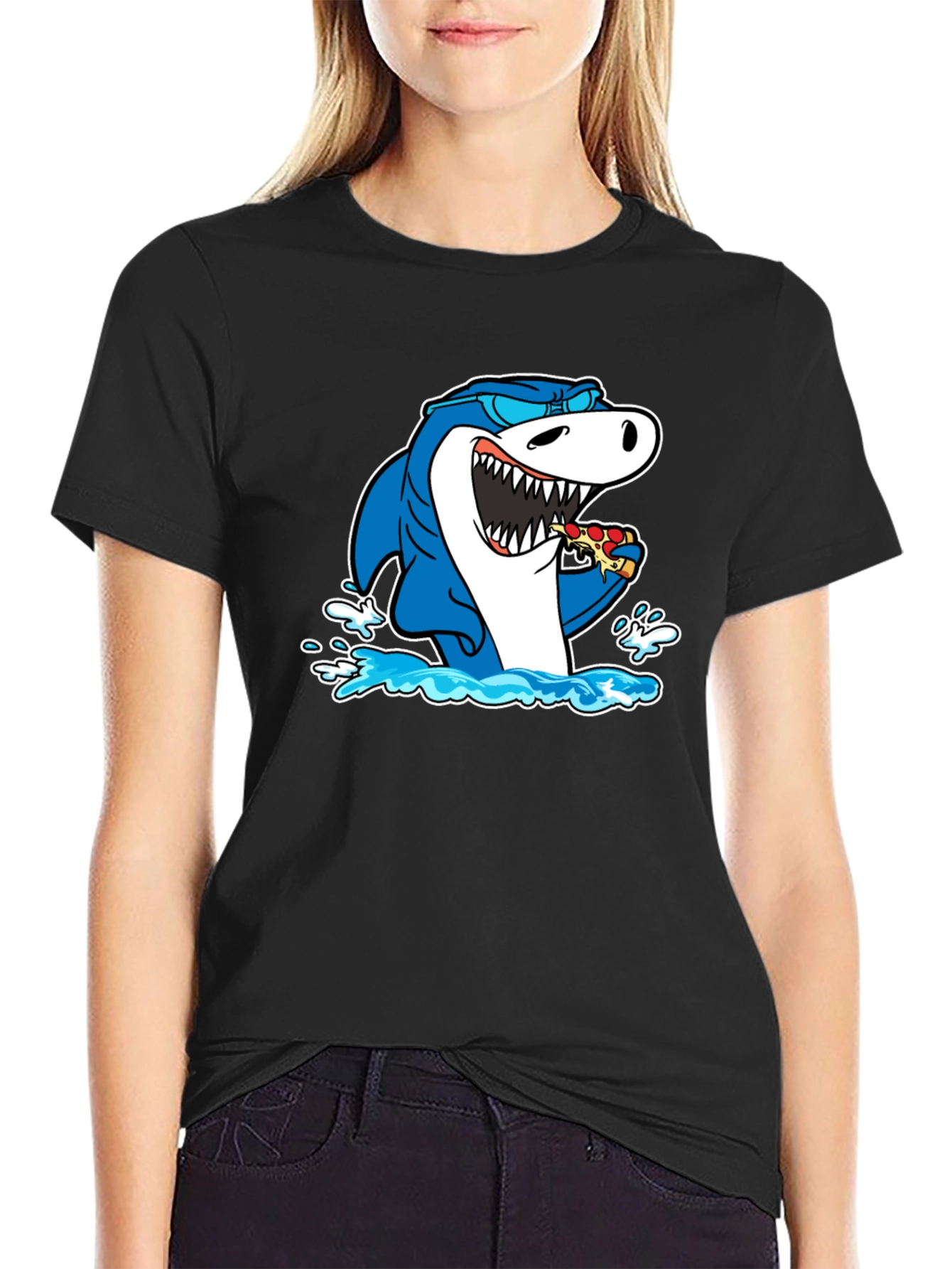 Black Shark Eating Pizza T-Shirt - Black Cotton Graphic Tee view 2