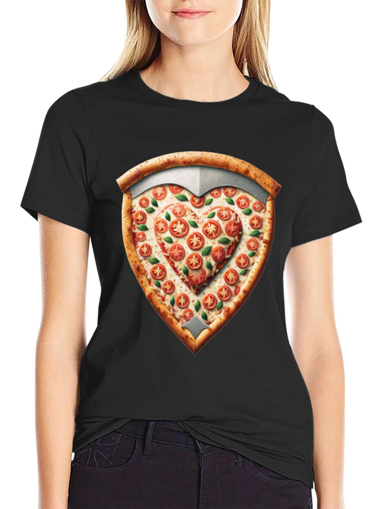 Black Pizza Heart Shield Graphic Tee - Foodie Fashion view 2