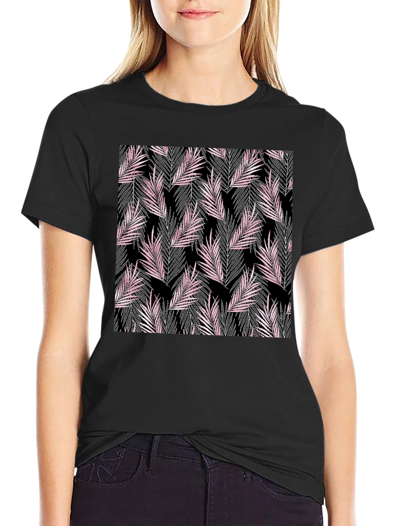 Black Tropical Leaves Print T-Shirt view 2