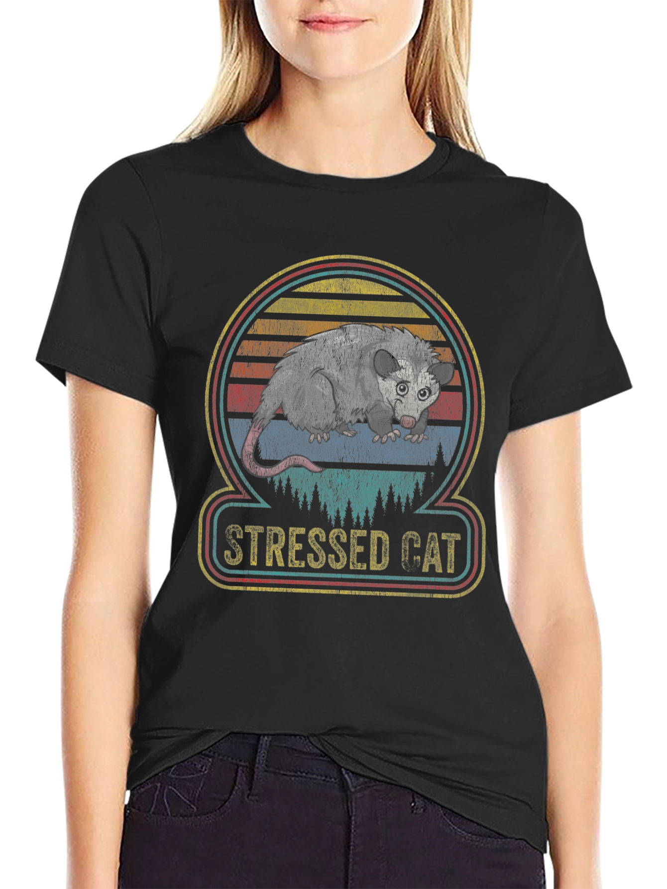 Black Stressed Cat Opossum Graphic Tee view 2