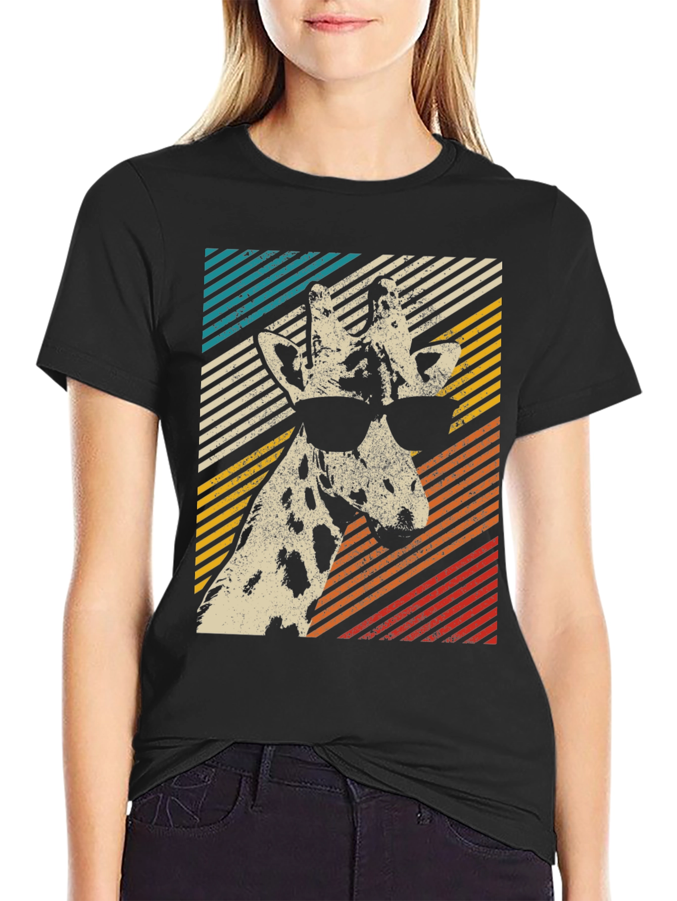 Black Cool Giraffe Retro T-Shirt view 2