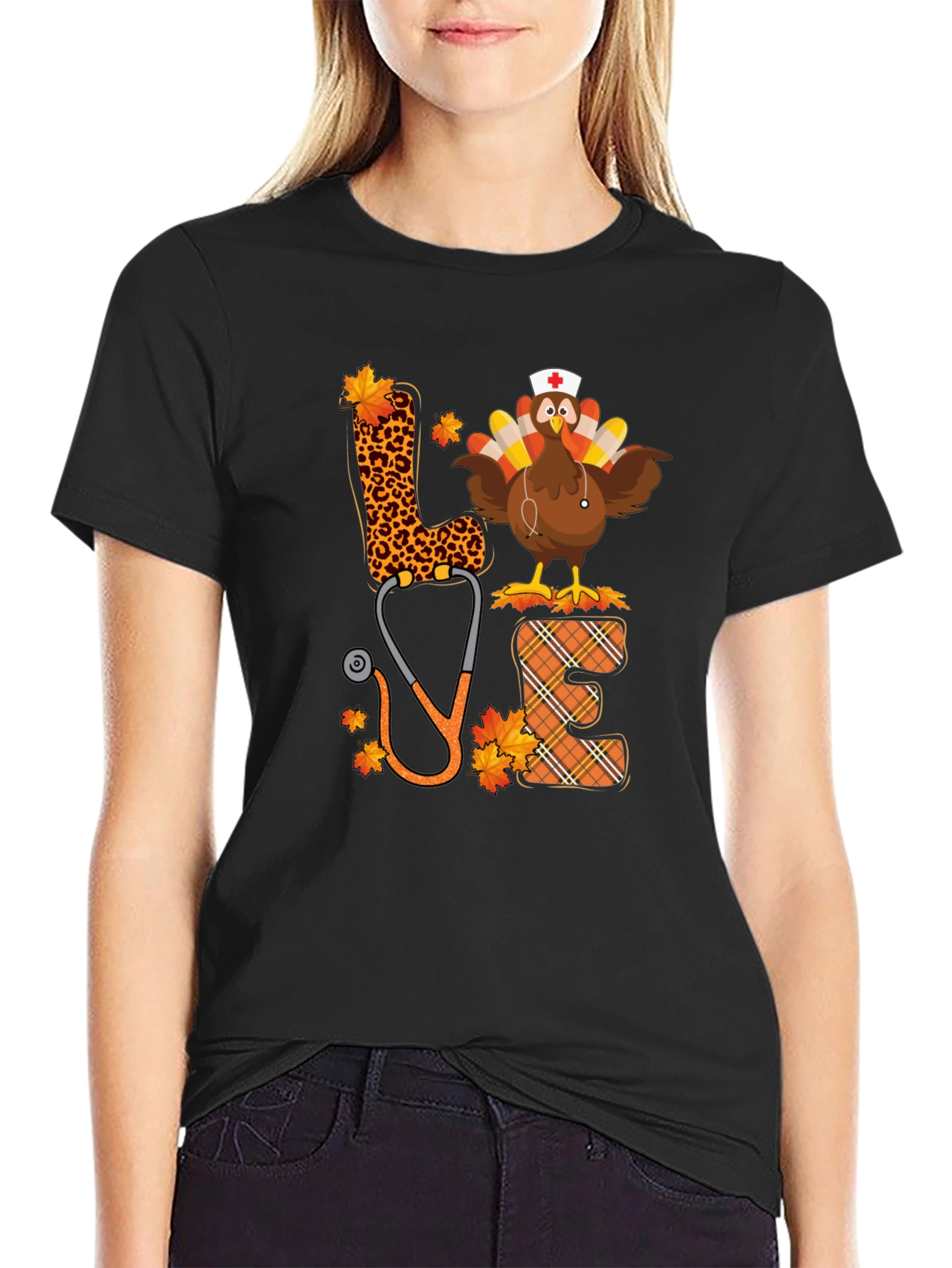 Black Turkey Nurse Love T-Shirt - Fall Thanksgiving Apparel view 2