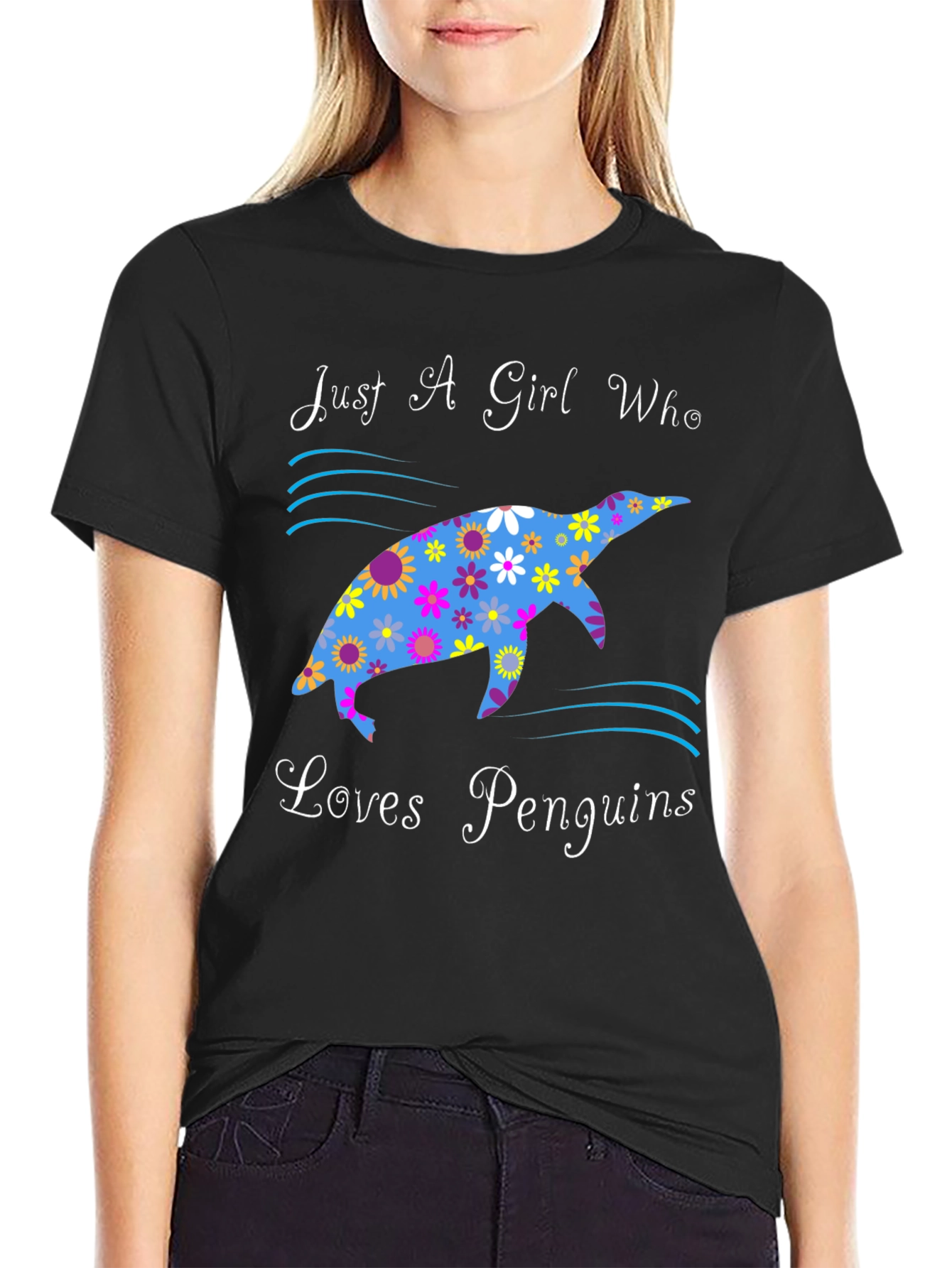 Black Just A Girl Who Loves Penguins Graphic Tee view 2