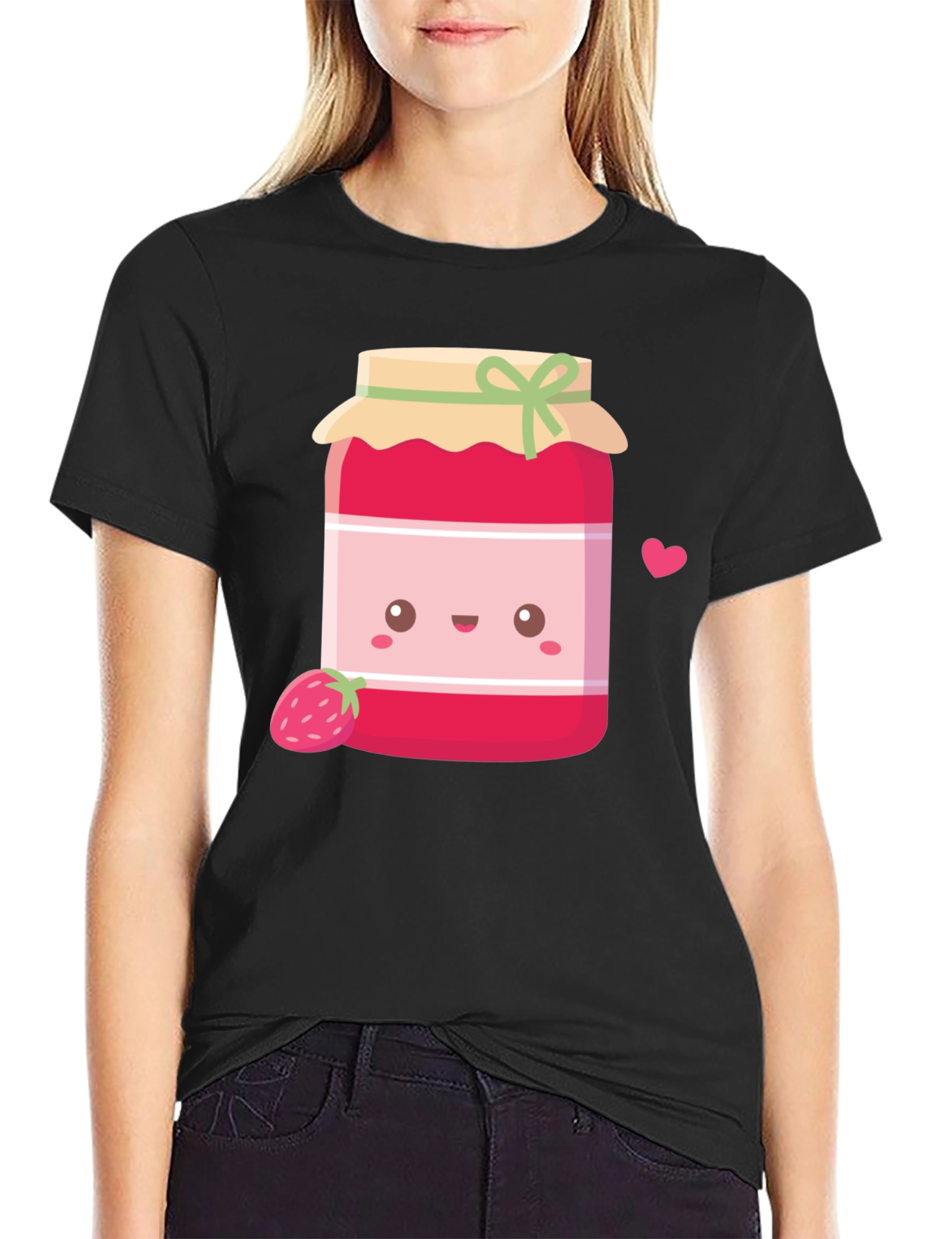 Black Cute Kawaii Strawberry Jam T-Shirt view 2