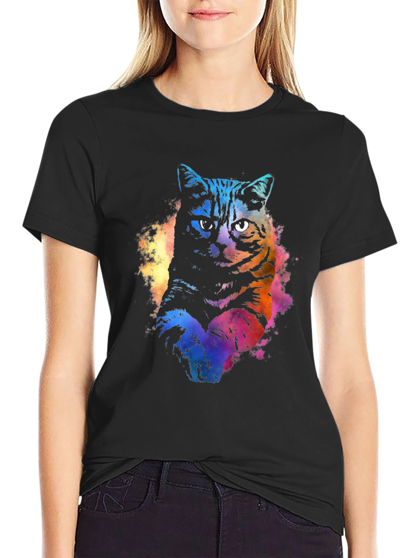 Black Watercolor Cat Graphic Black T-Shirt view 2