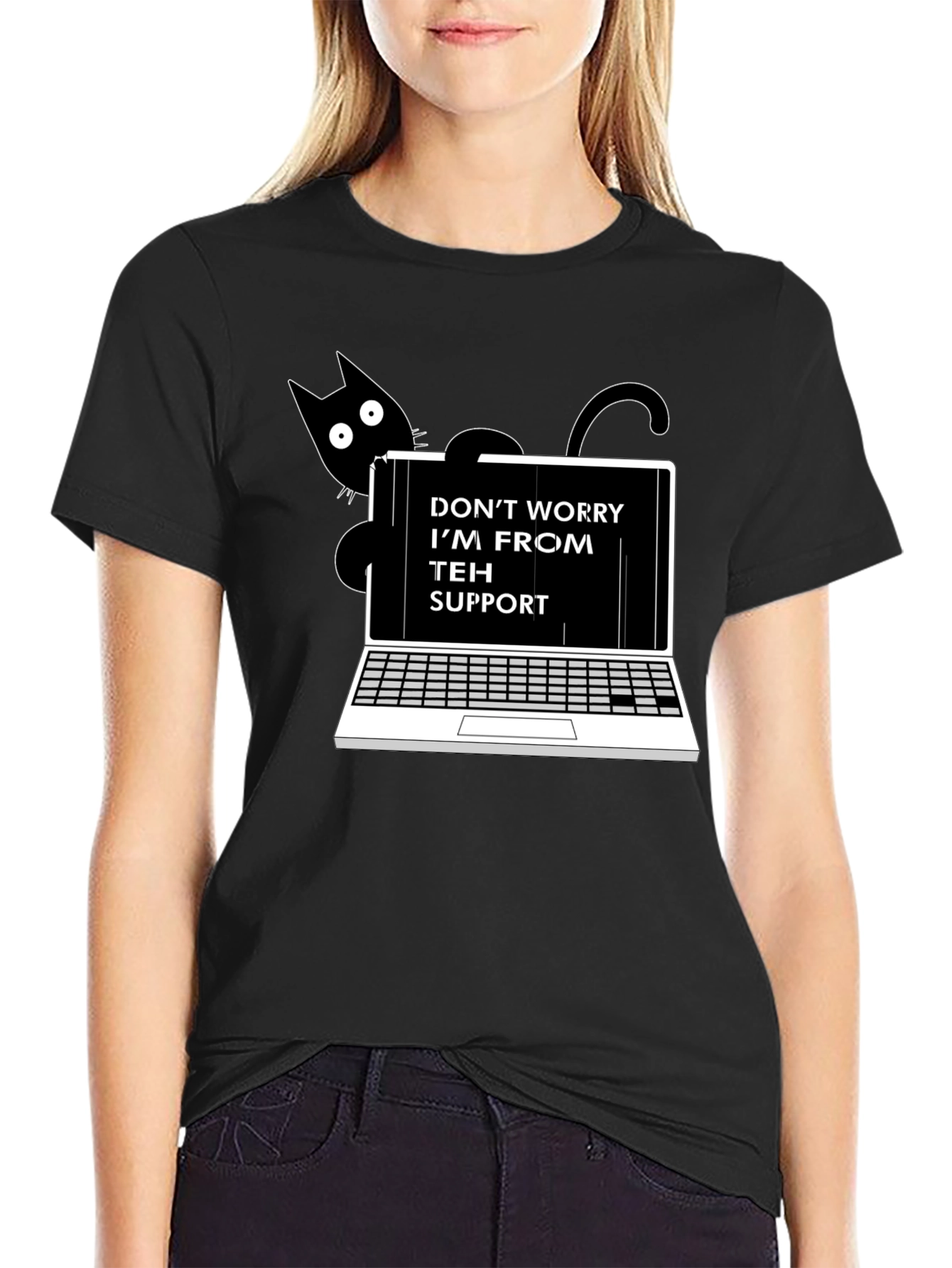 Black Funny "Teh Support" Cat Laptop Graphic Tee view 2