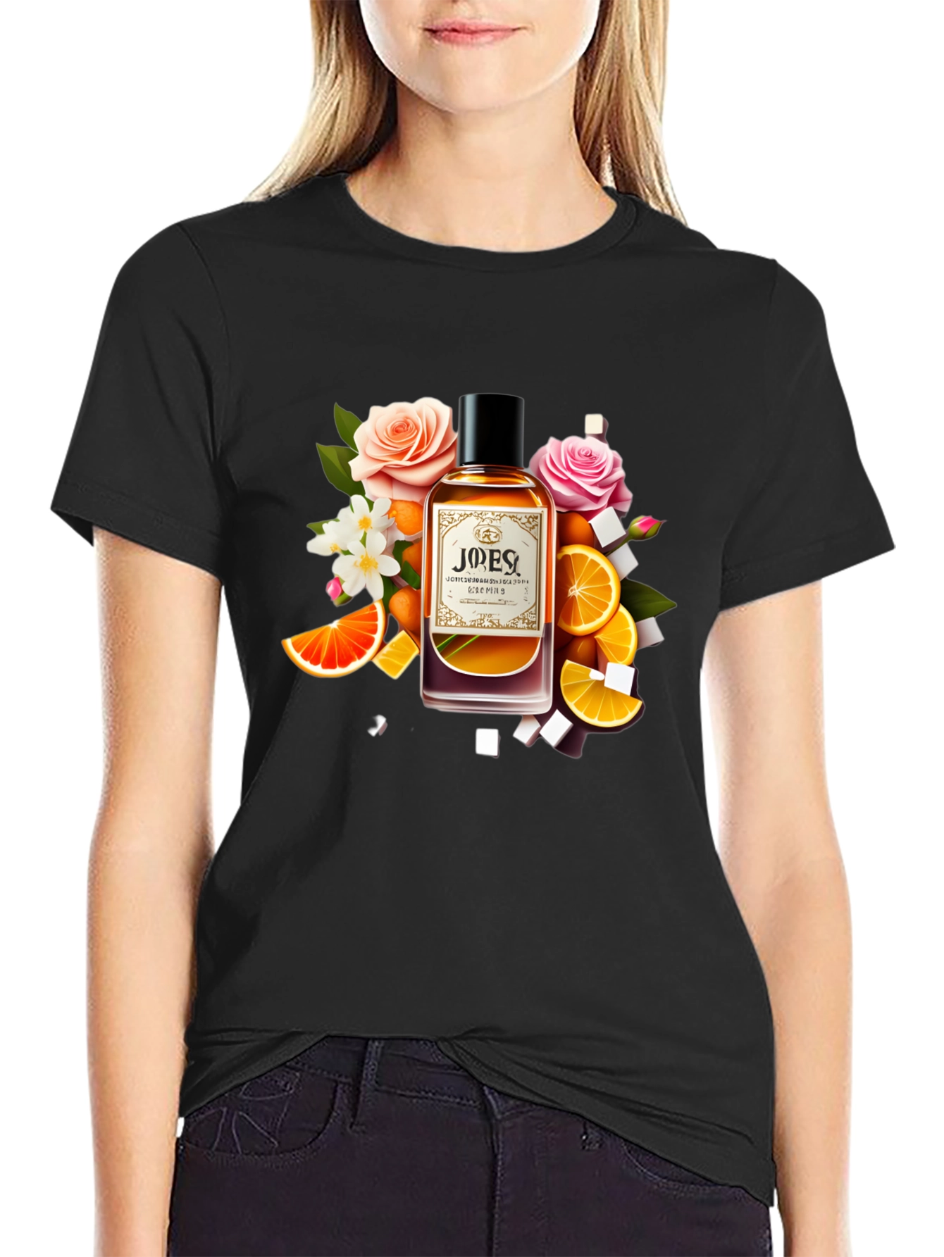 Black Floral Citrus Perfume T-Shirt - Unique Design view 2