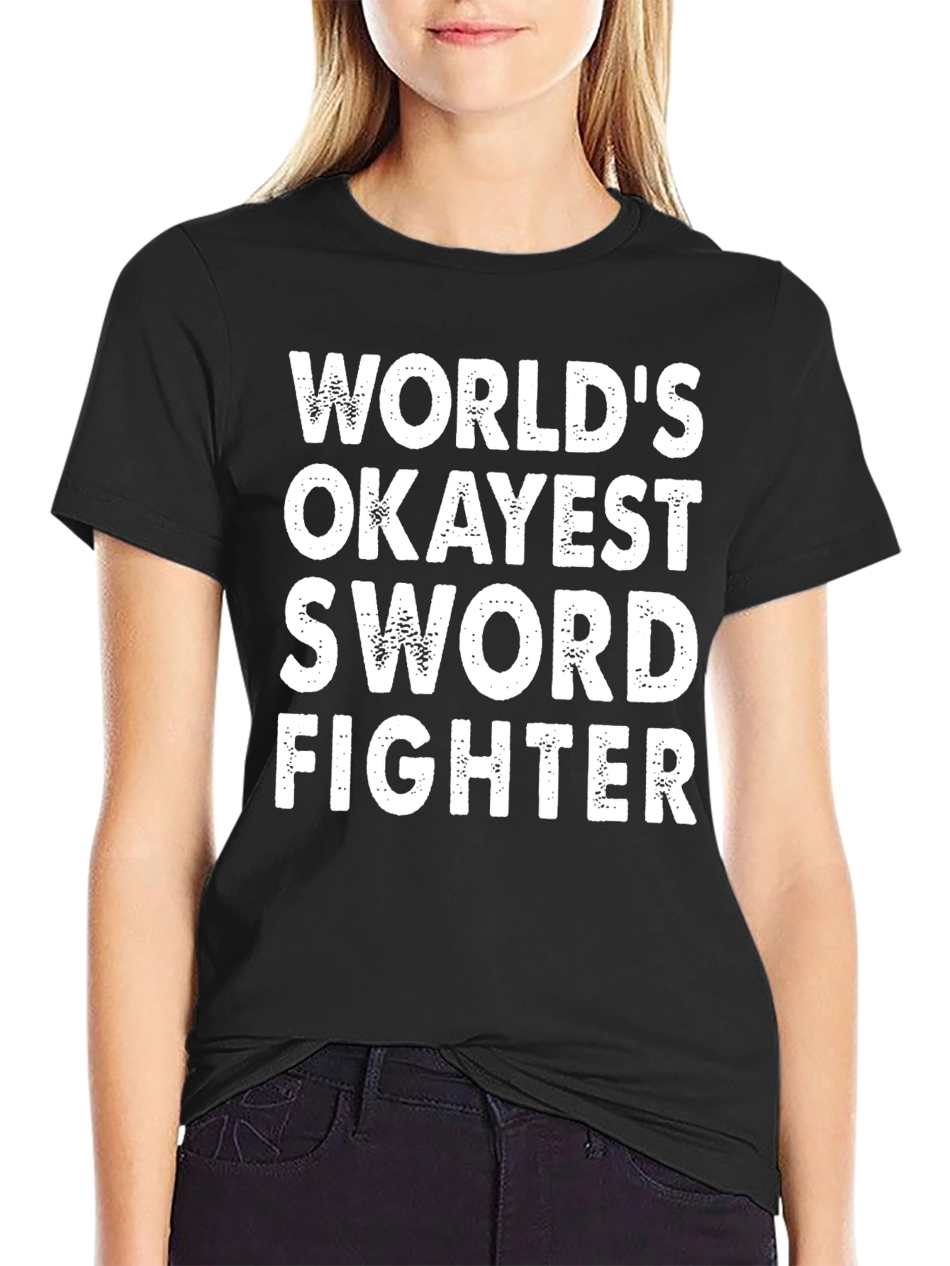 Black World's Okayest Sword Fighter Black T-Shirt view 2