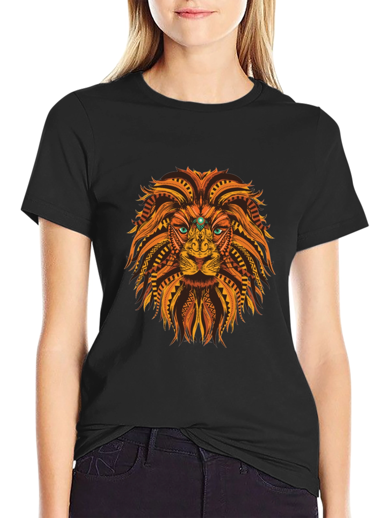 Black Tribal Lion Graphic Tee - Black Cotton T-Shirt view 2