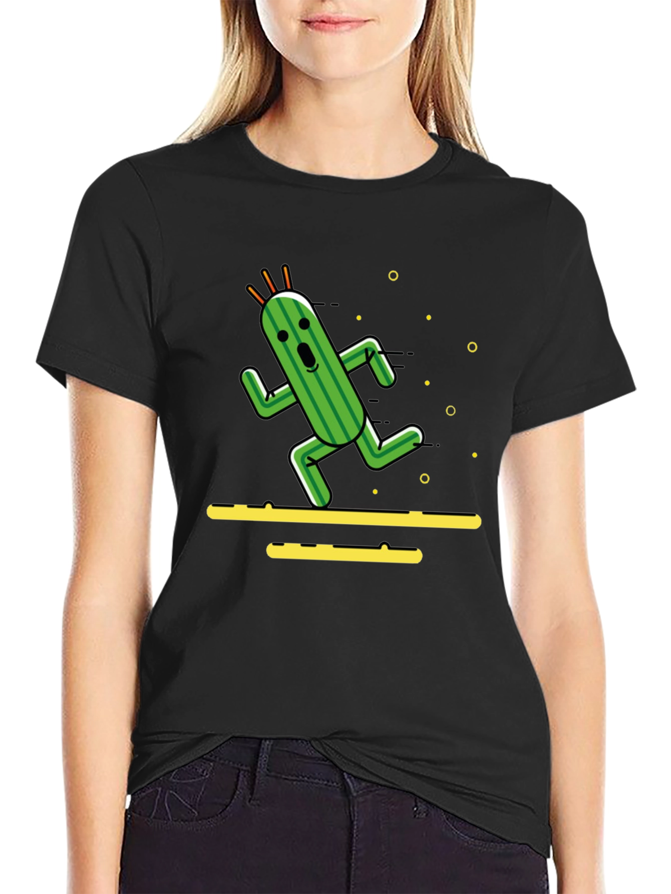 Black Running Cactus T-Shirt - Funny Graphic Tee view 2