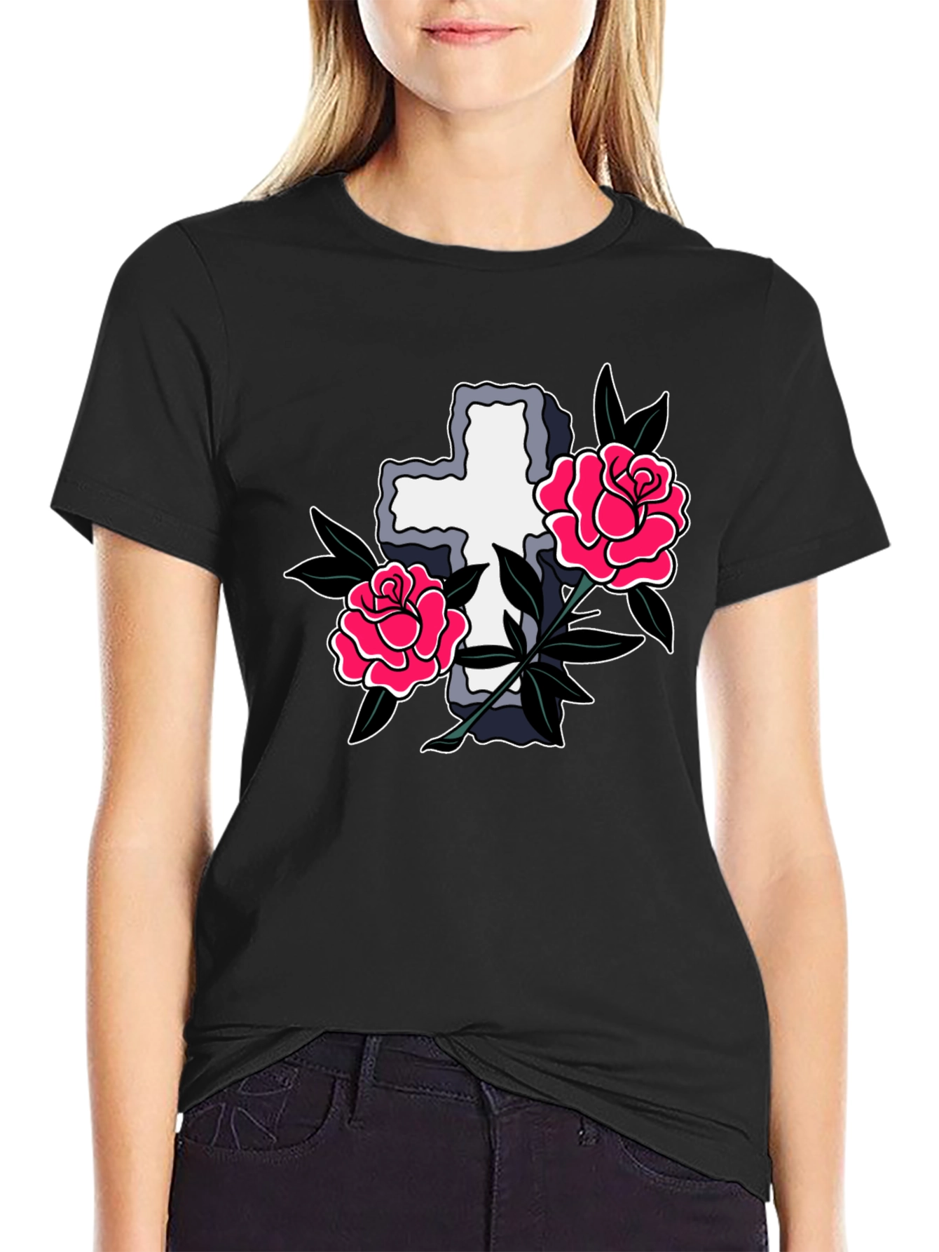 Black Cross & Roses Graphic T-Shirt - Classic Tattoo Style view 2