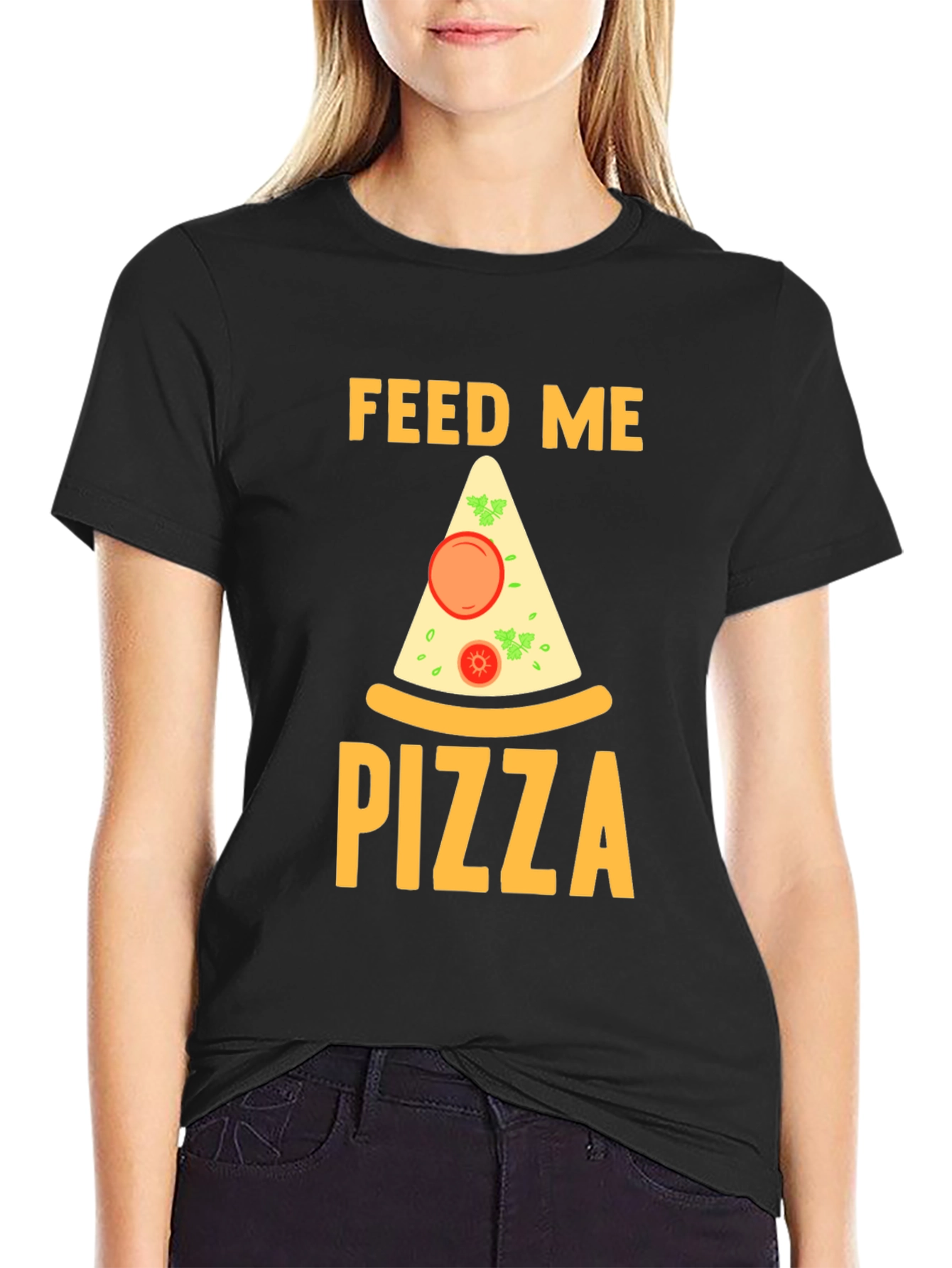 Black Feed Me Pizza T-Shirt - Funny Graphic Tee view 2