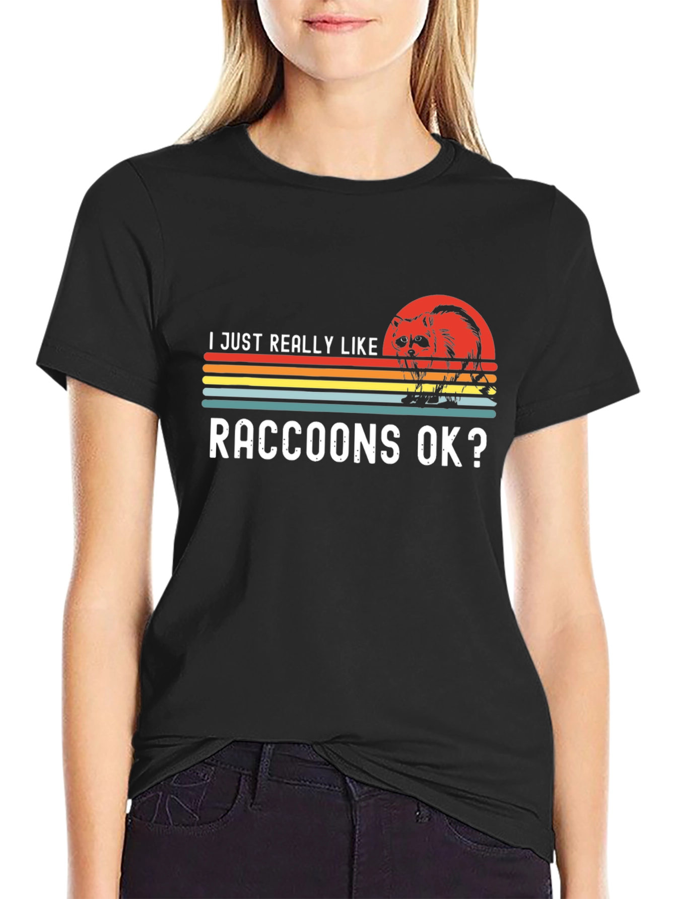 Black Raccoon Lover T-Shirt - Retro Sunset Design view 2