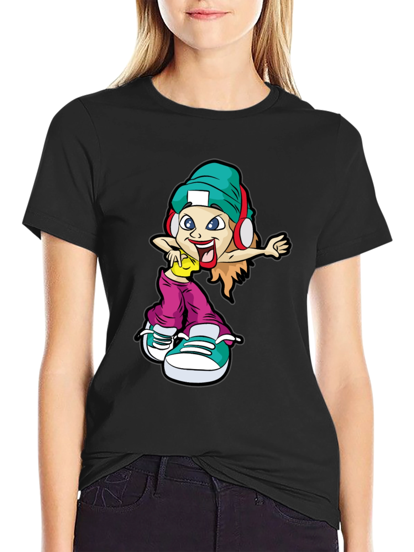 Black Cool Cartoon Girl Black T-Shirt view 2