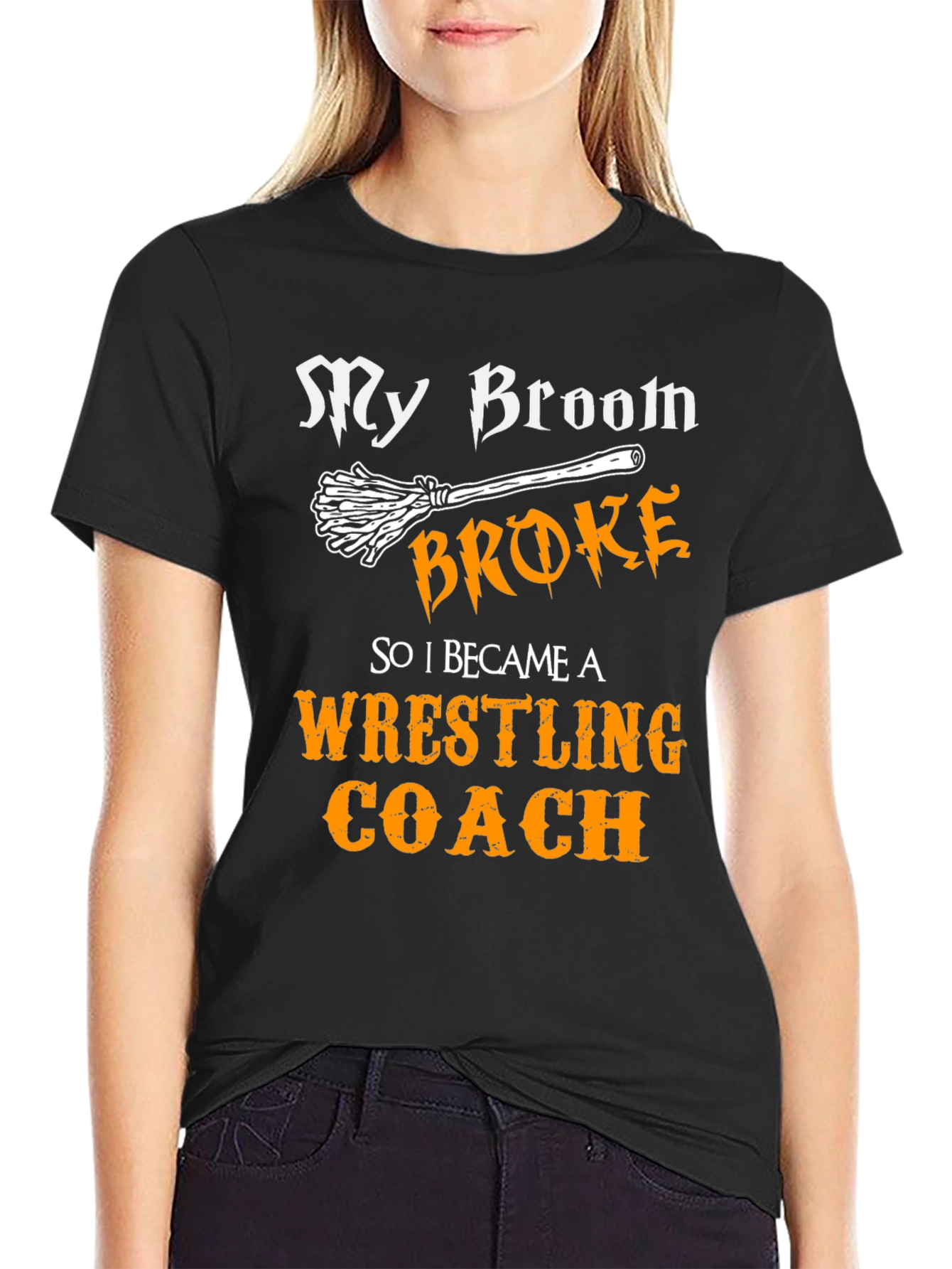 Black Funny Wrestling Coach T-Shirt - My Broom Broke view 2