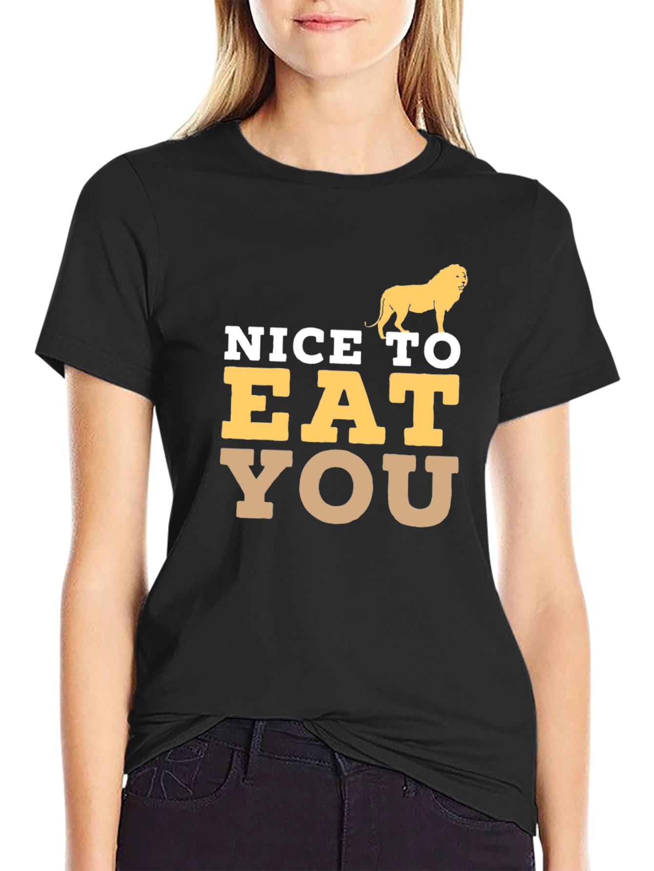 Black Funny Lion Graphic Tee - Nice To Eat You Humor T-Shirt view 2