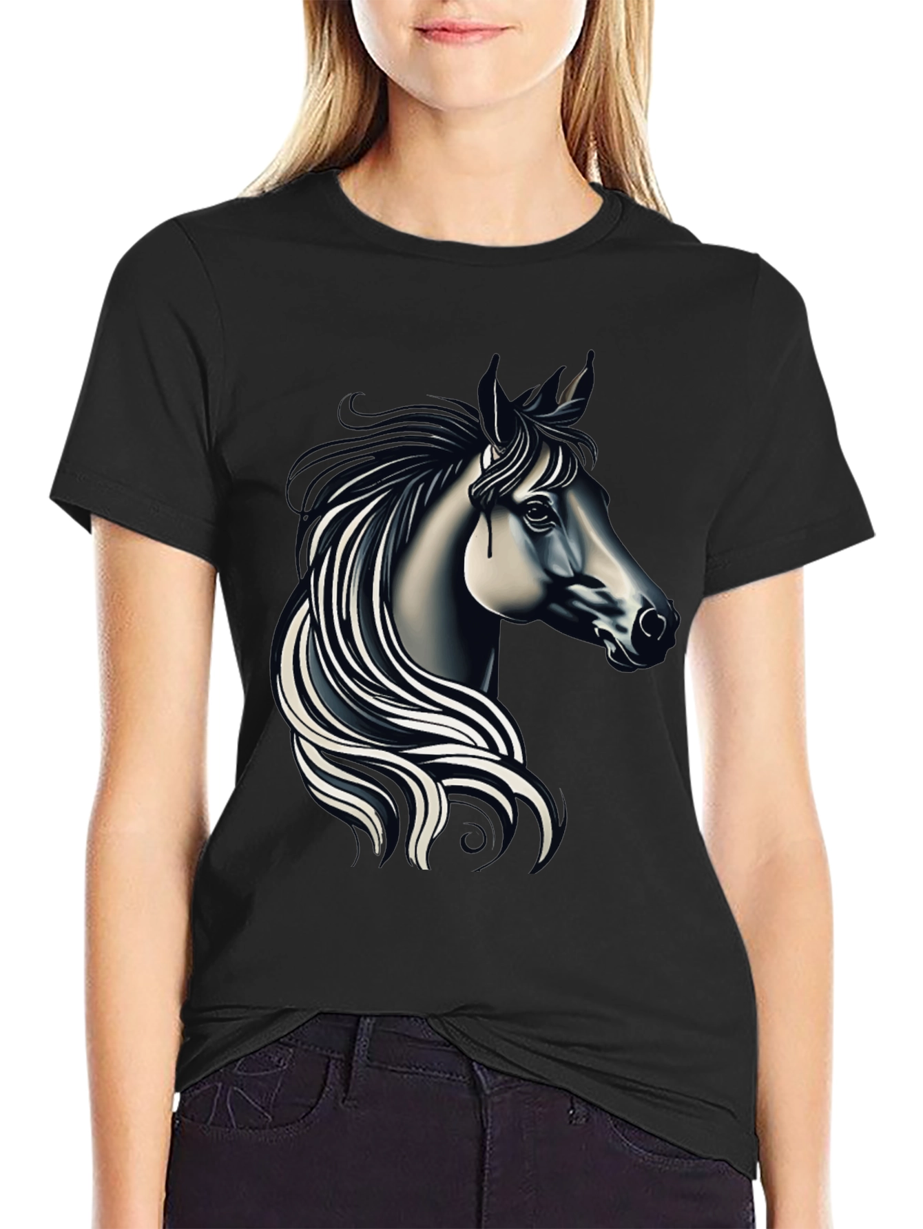 Black Black T-shirt with Elegant Horse Design view 2