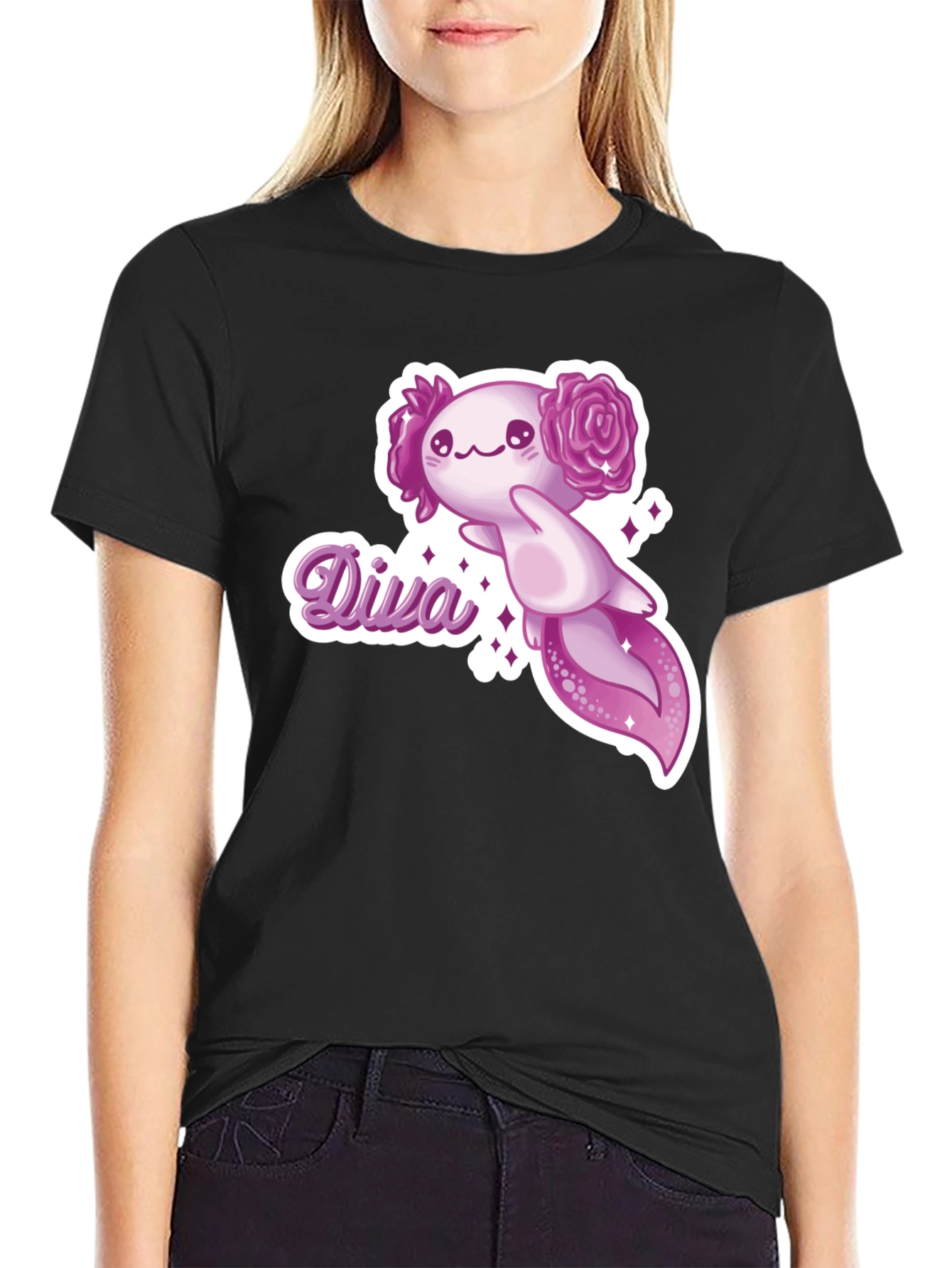 Black Diva Axolotl T-Shirt - Black Cotton Tee view 2