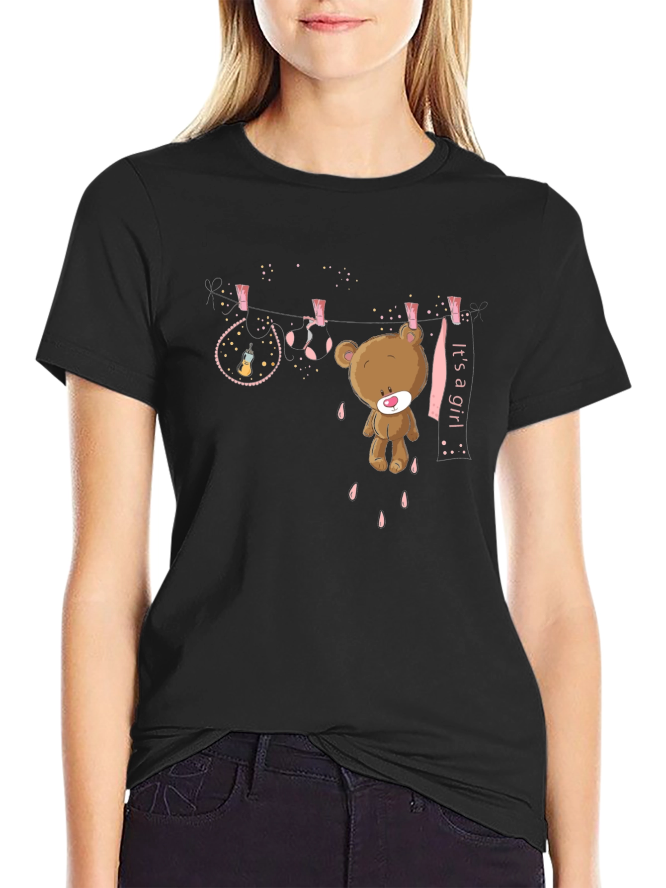 Black It's A Girl Teddy Bear Graphic T-Shirt view 2