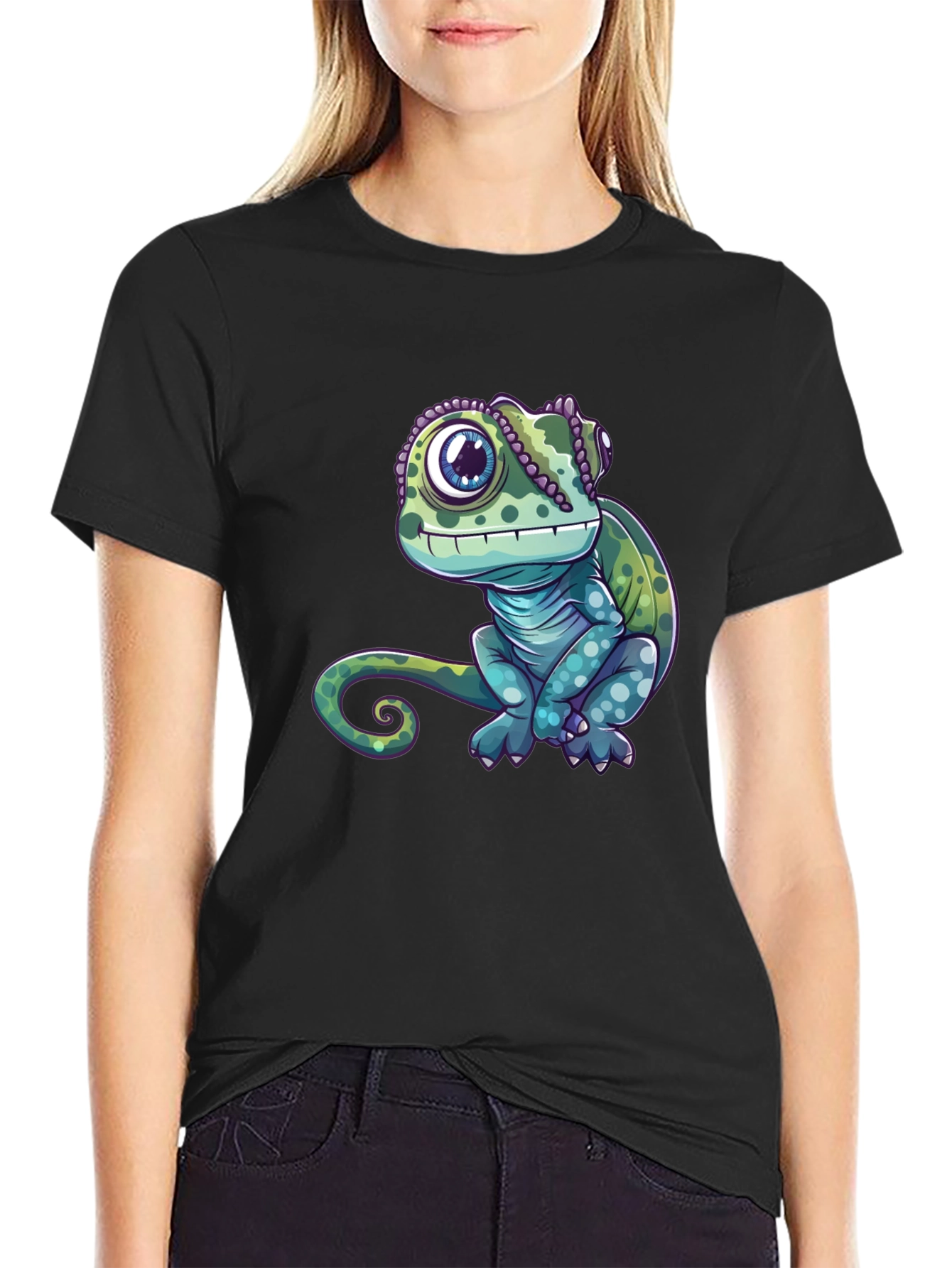 Black Chameleon Graphic Tee - Cute Reptile Design view 2