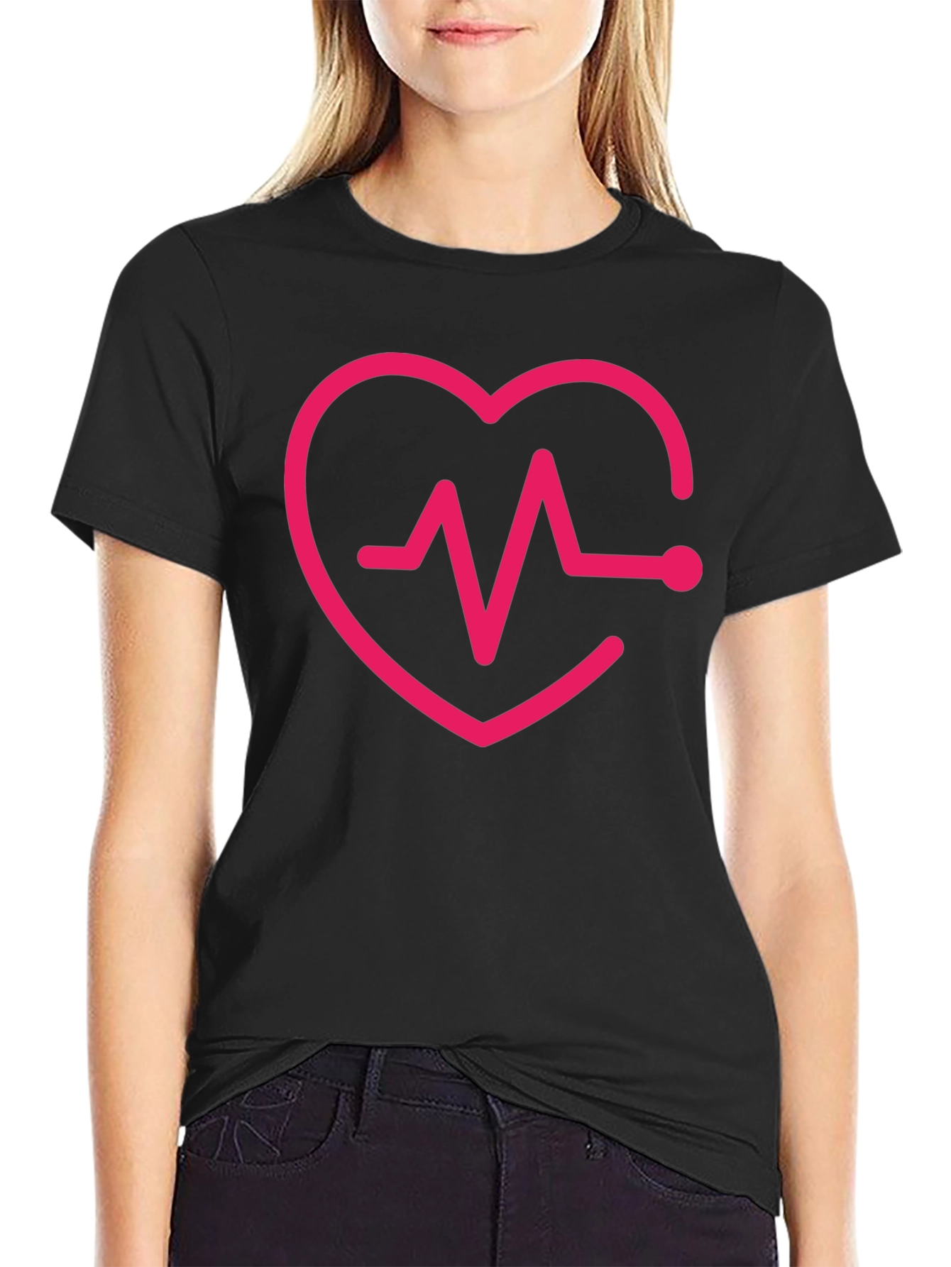 Black Heartbeat Heart Love Graphic T-Shirt view 2