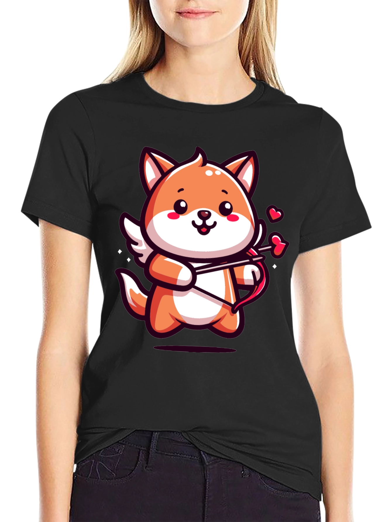 Black Cute Cupid Fox Graphic Tee - Valentine's Day Shirt view 2