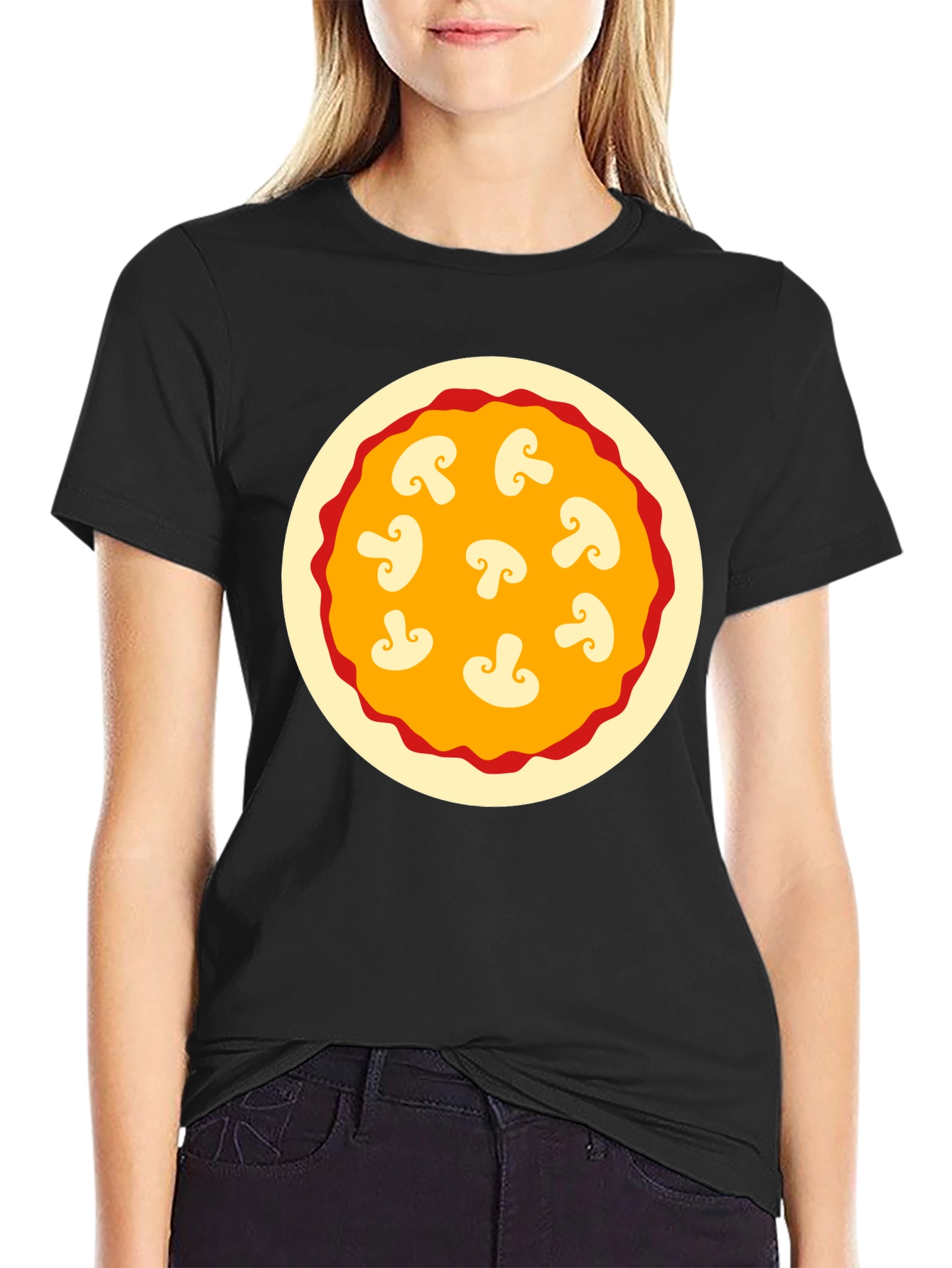 Black Mushroom Pizza Graphic Tee - Black Cotton T-Shirt view 2