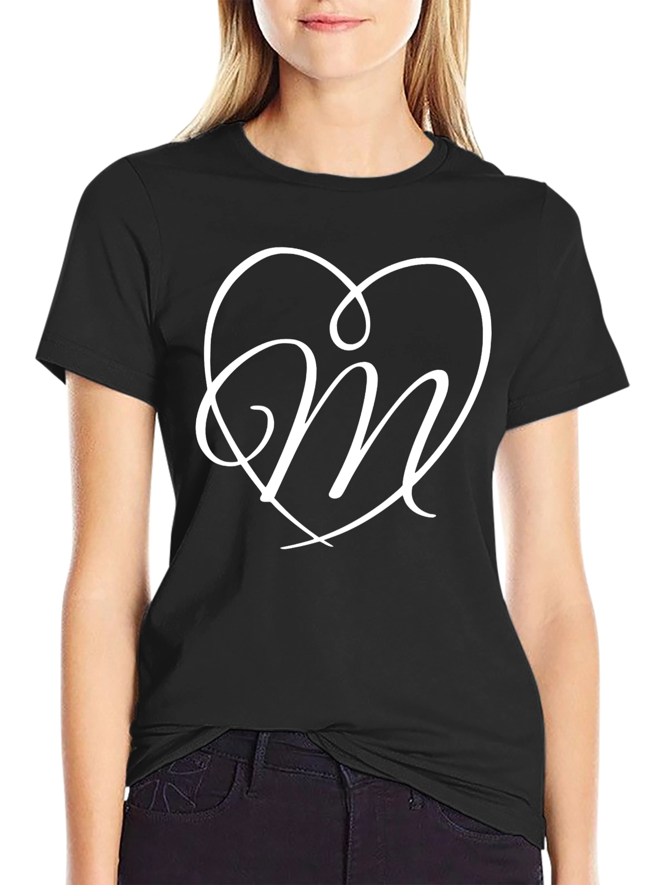 Black Heart Initial 'M' Graphic Black T-Shirt view 2