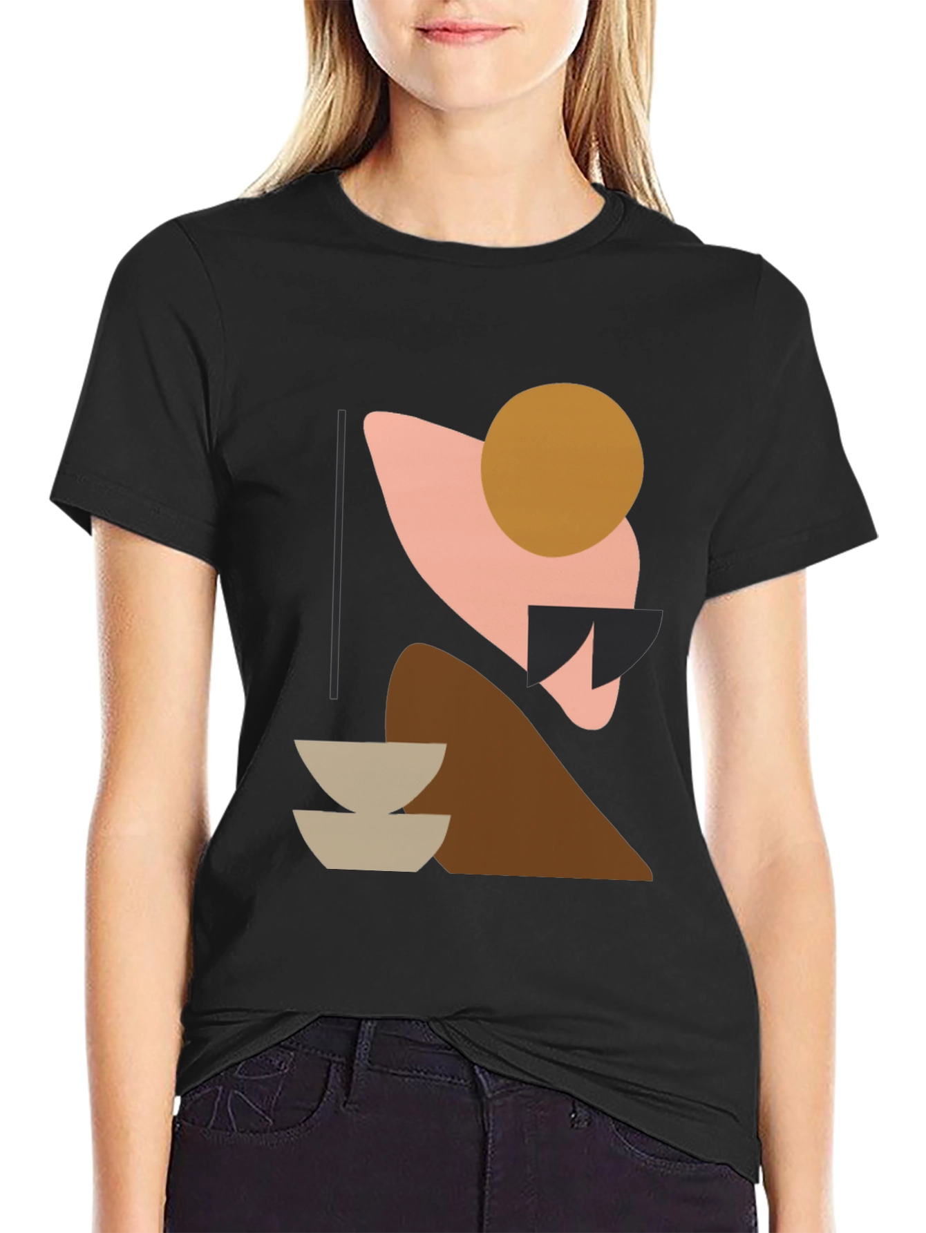 Black Abstract Geometric Graphic Print Black T-Shirt view 2