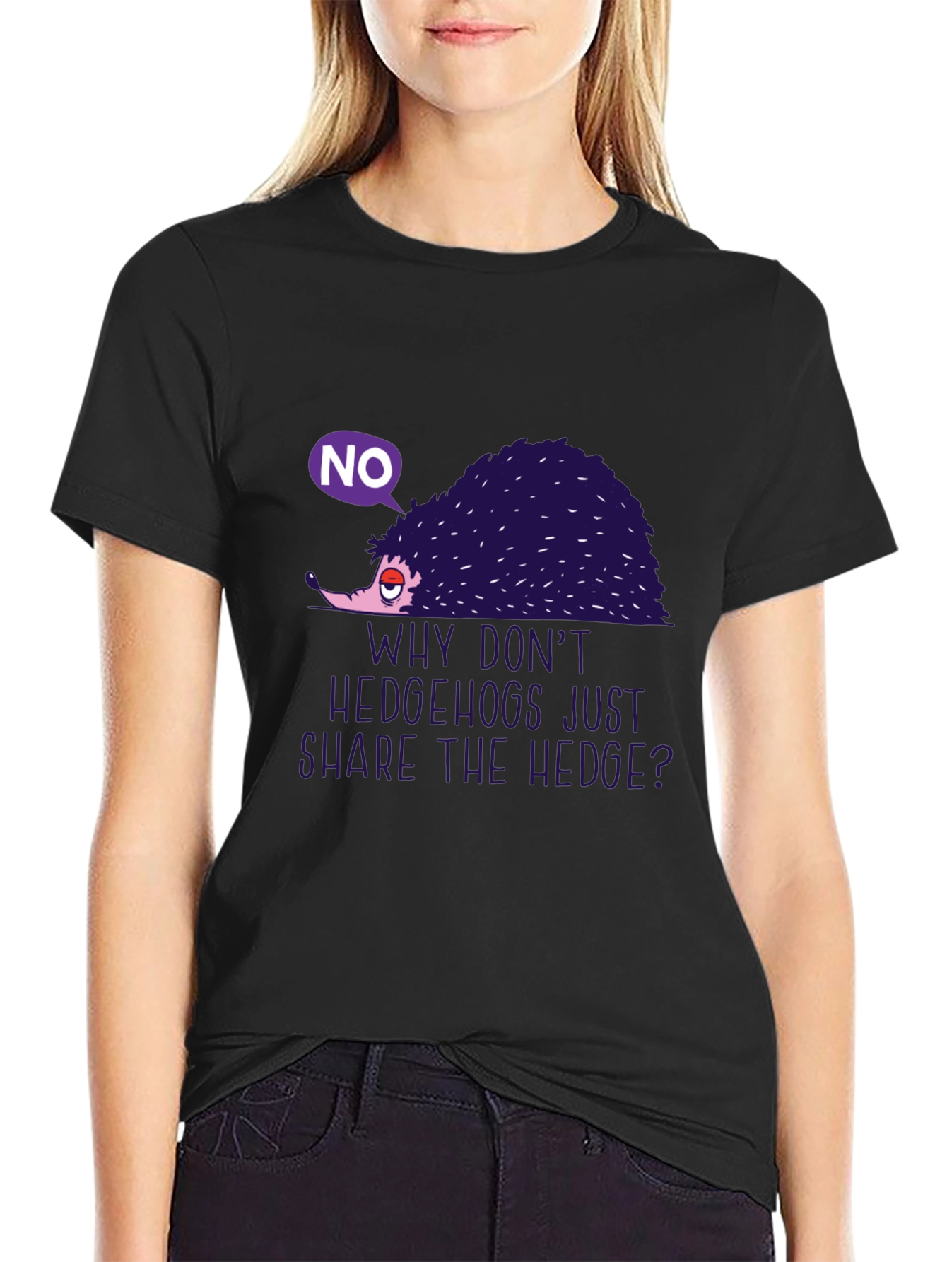 Black Humorous Hedgehog Graphic Tee - "Why Don't Hedgehogs Just Share The Hedge?" view 2