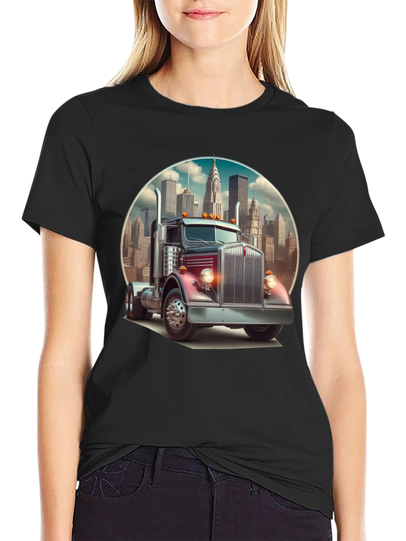 Black Trucker Tee: Vintage Big Rig & Cityscape view 2