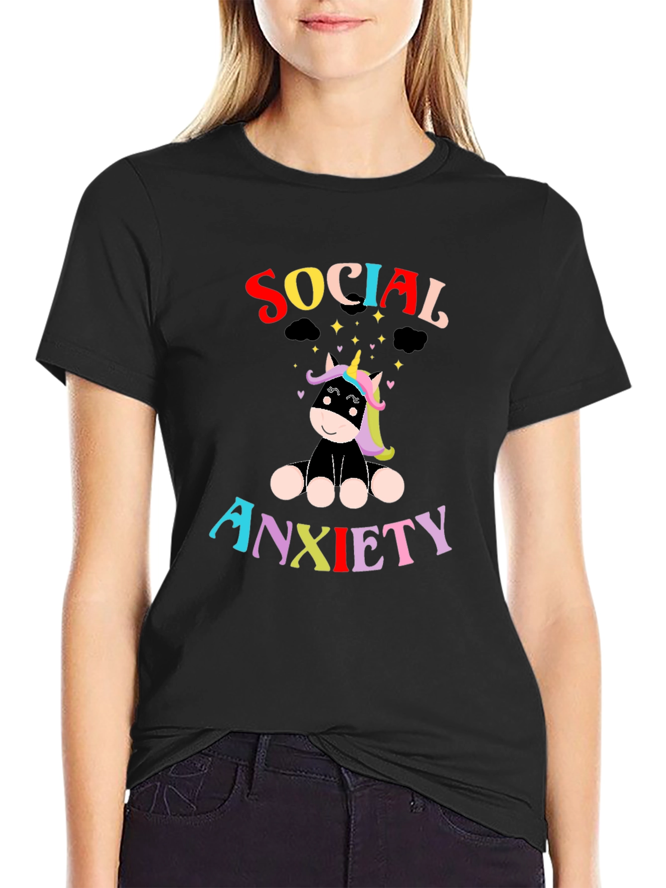 Black Social Anxiety Unicorn Graphic T-Shirt view 2