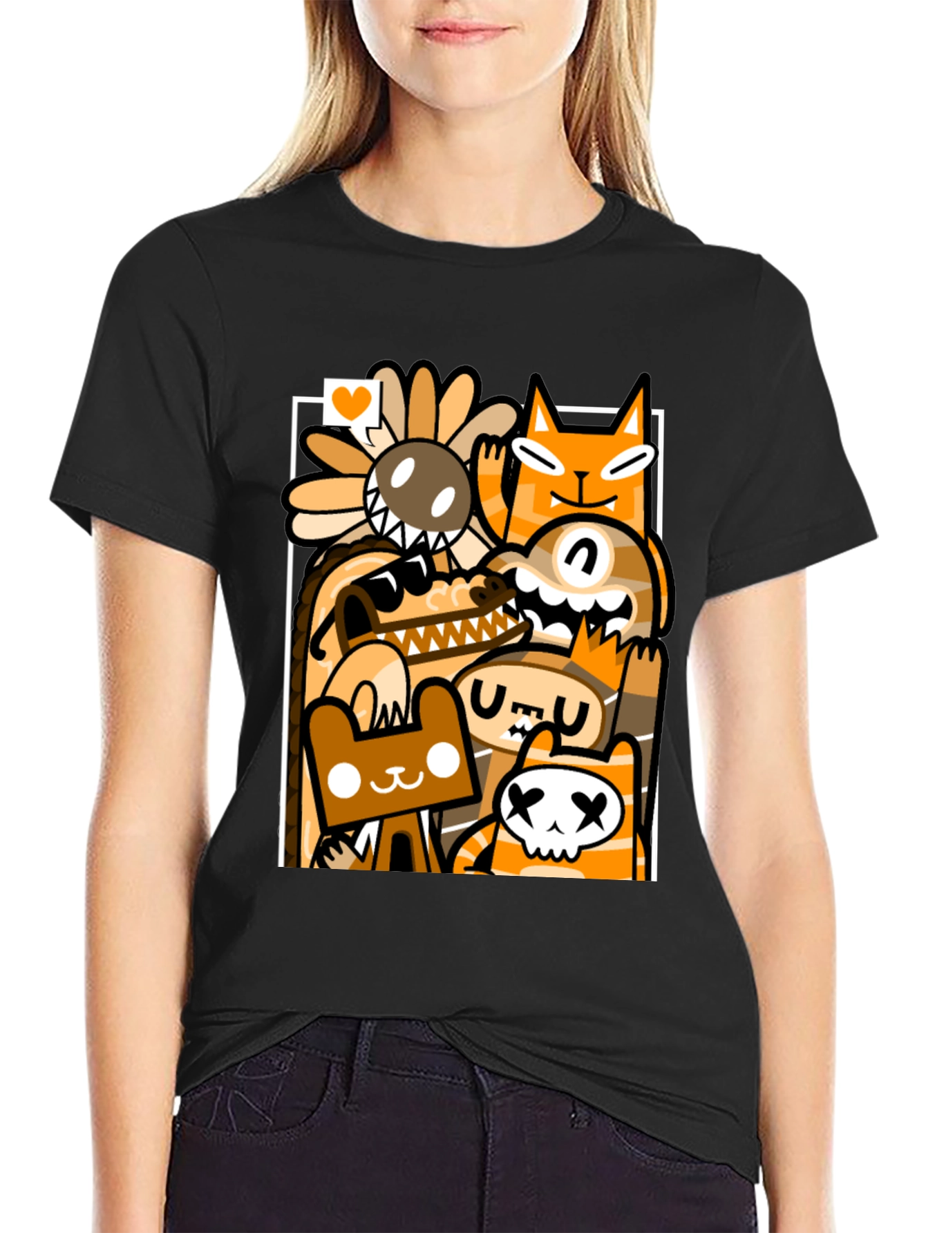 Black Cartoon Doodle Character Graphic Black T-Shirt view 2