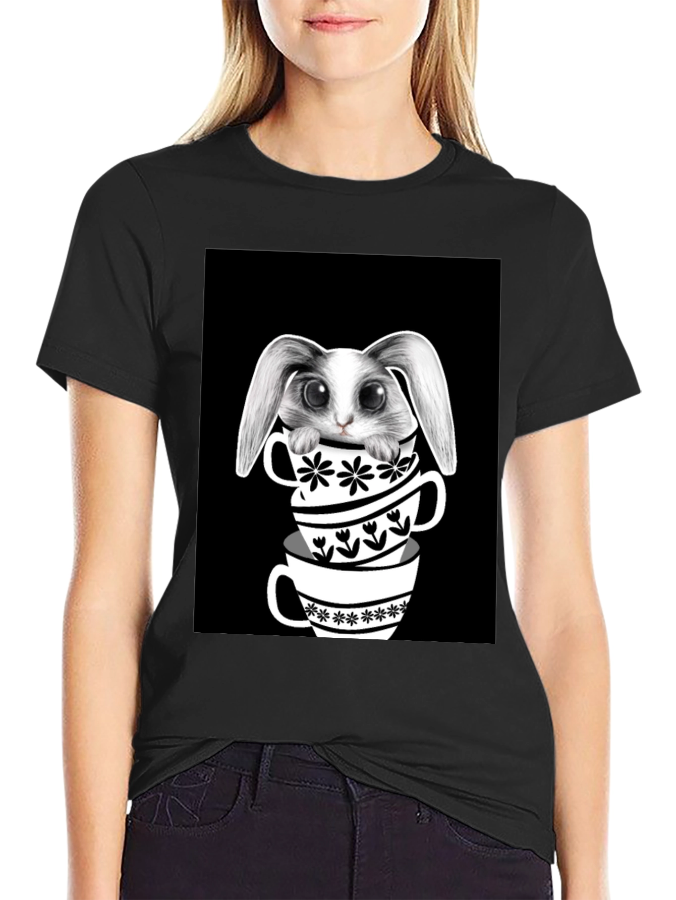Black Rabbit in Teacups Graphic T-Shirt view 2