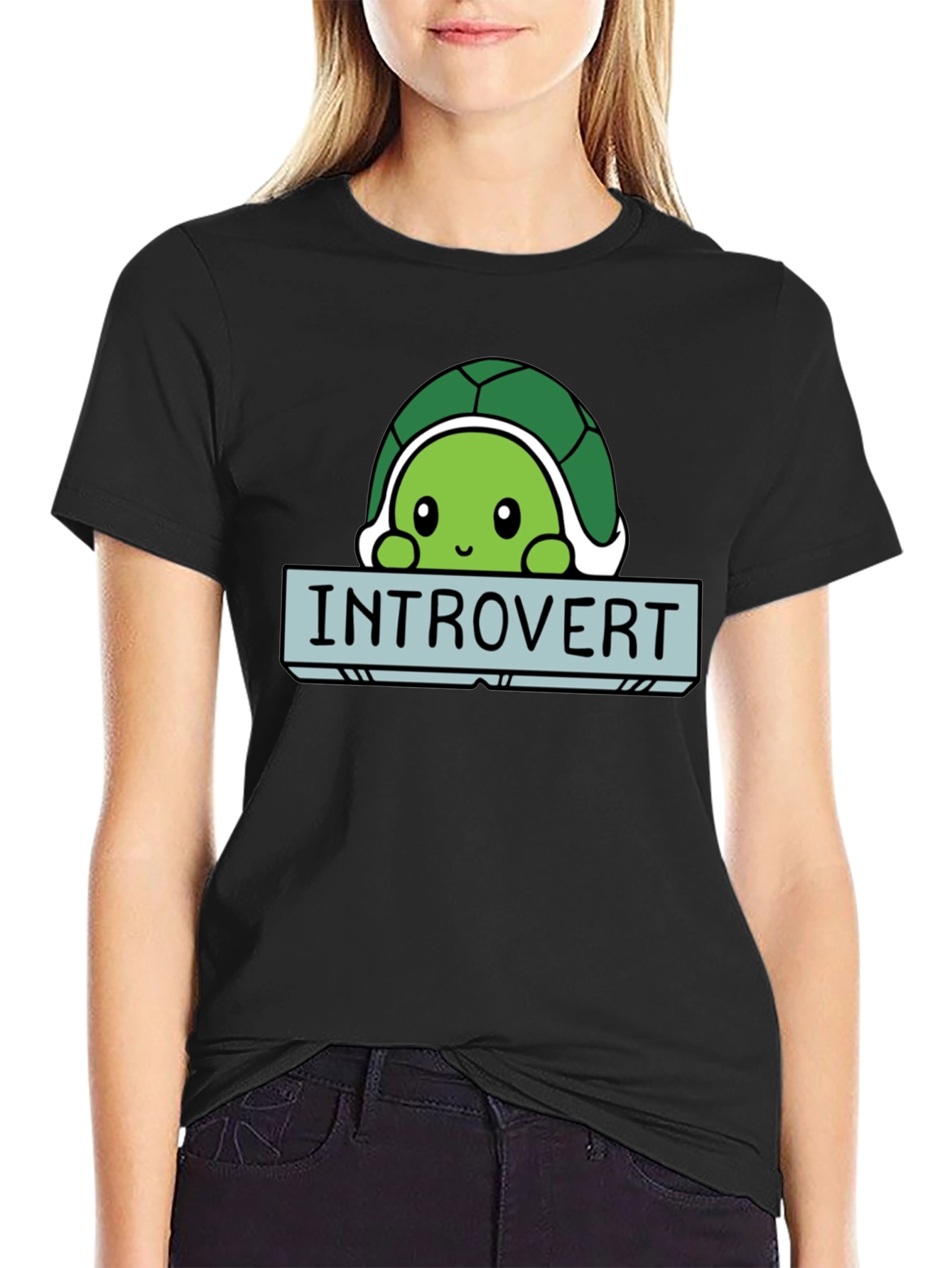Black Introvert Turtle Graphic Tee - Soft Black Cotton T-Shirt view 2